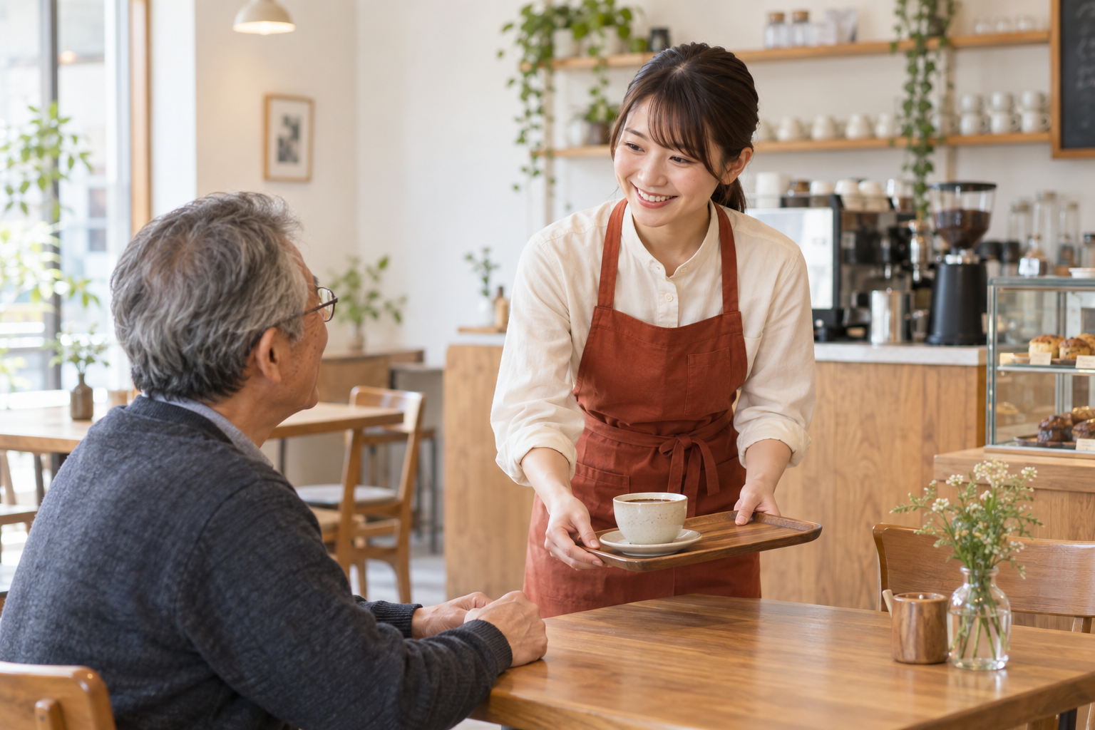お客様へ丁寧にコーヒーを提供するスタッフ