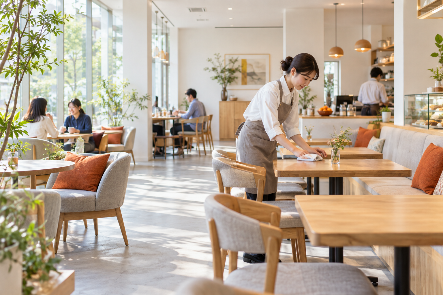 明るく清潔で落ち着きのある喫茶店内