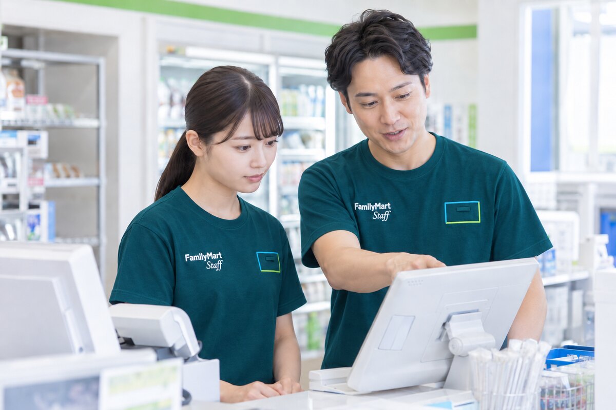 先輩社員から店舗業務を学ぶスタッフ
