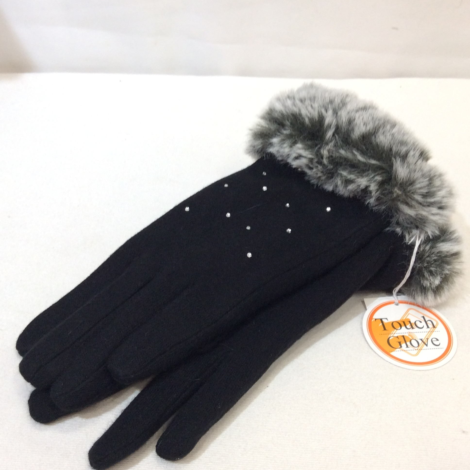 未使用 ファー付き手袋  黒／ラインストーン