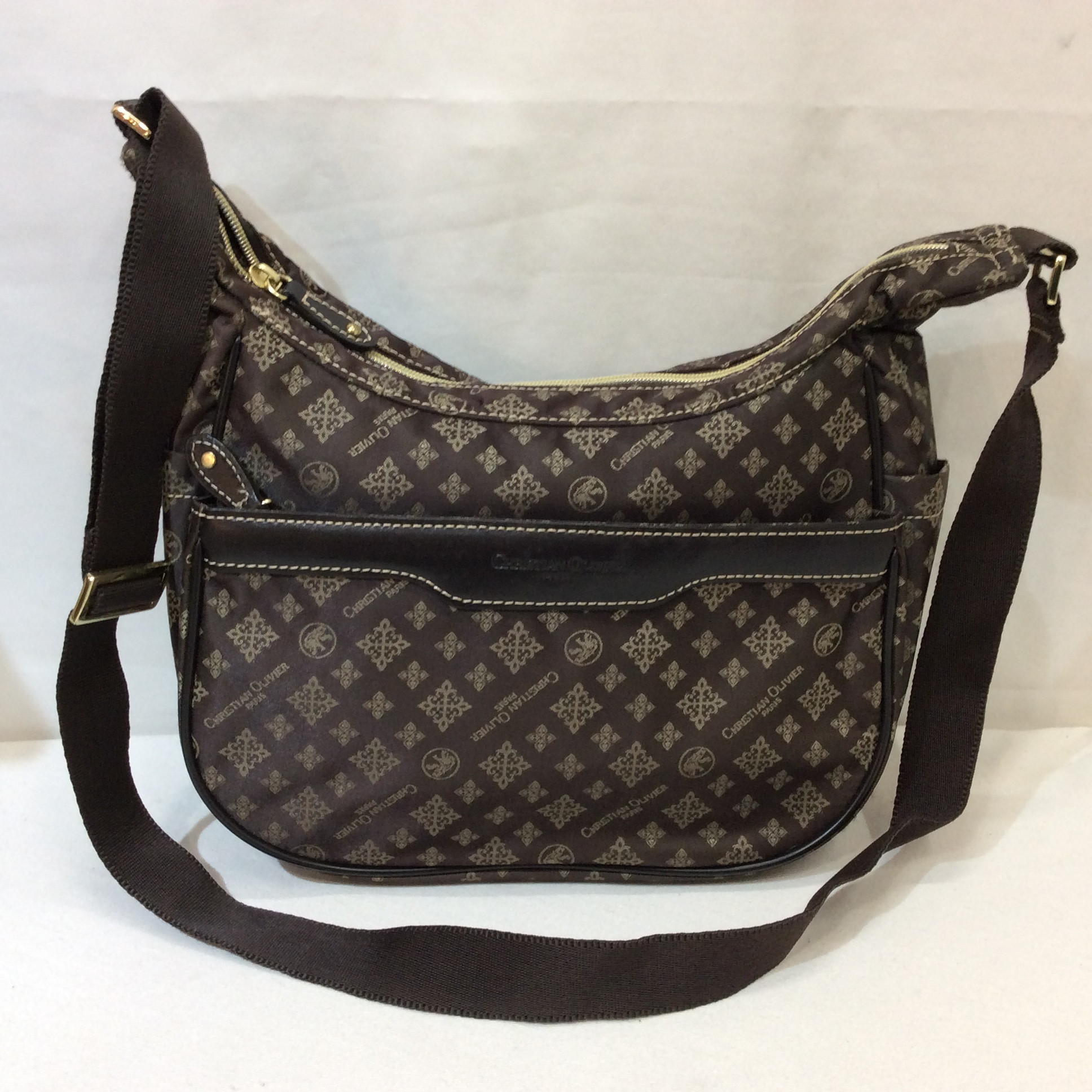 クリスチャン オリビエ ポーチ付き ナイロンショルダーバッグ ブラウン柄