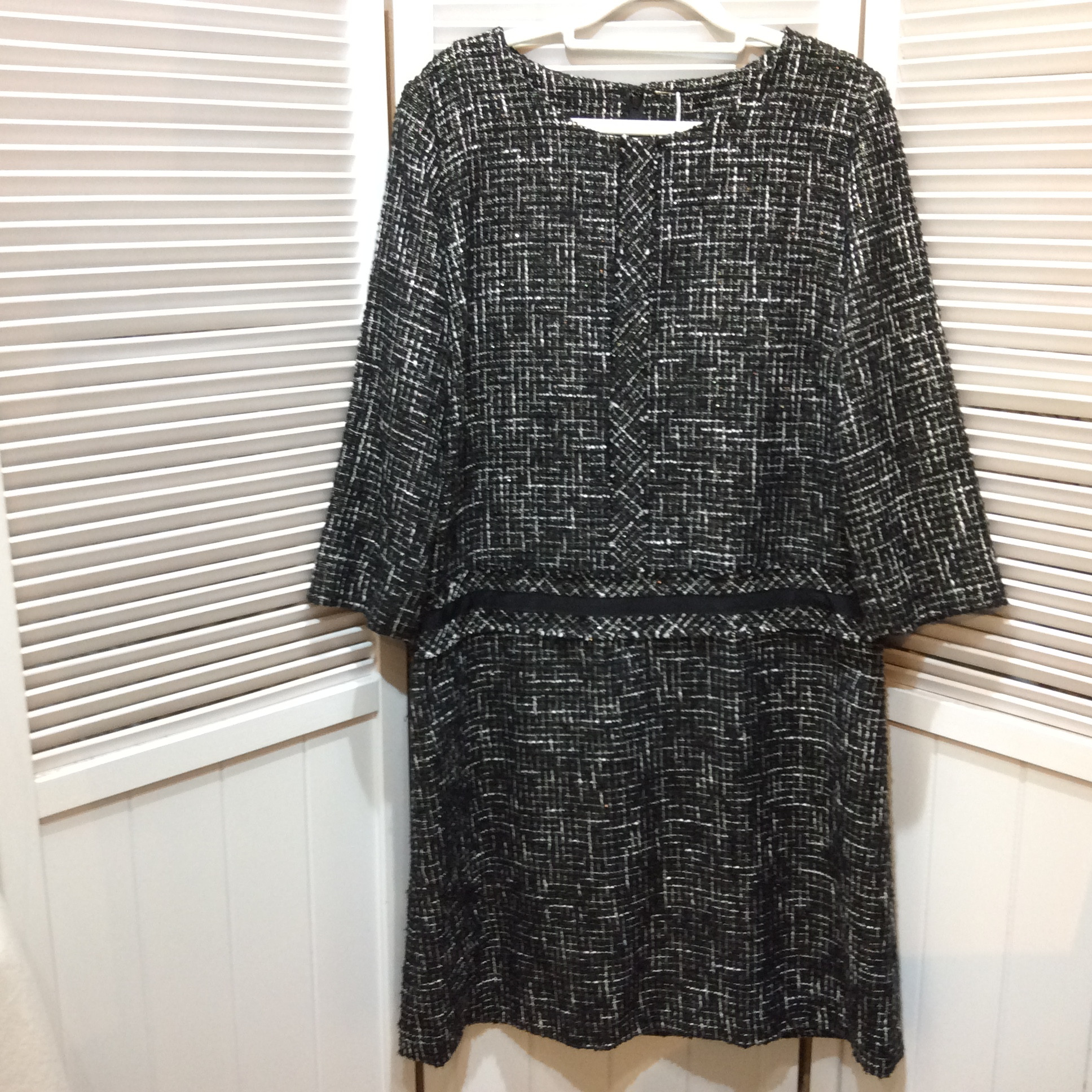 七分袖 ツイードワンピース  13号  白黒ラメ