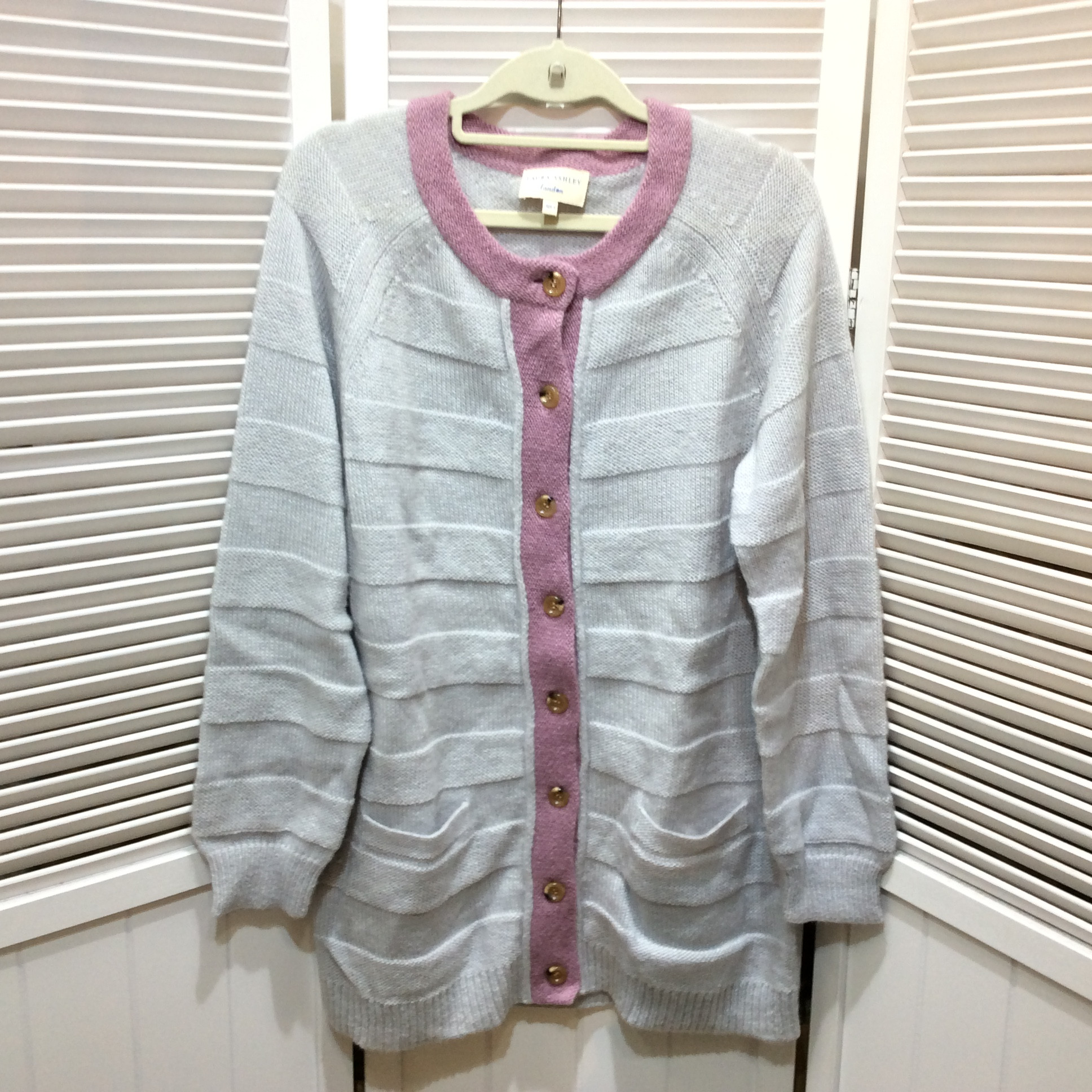 ローラアシュレイ ロングカーディガン 3 水色×パープル