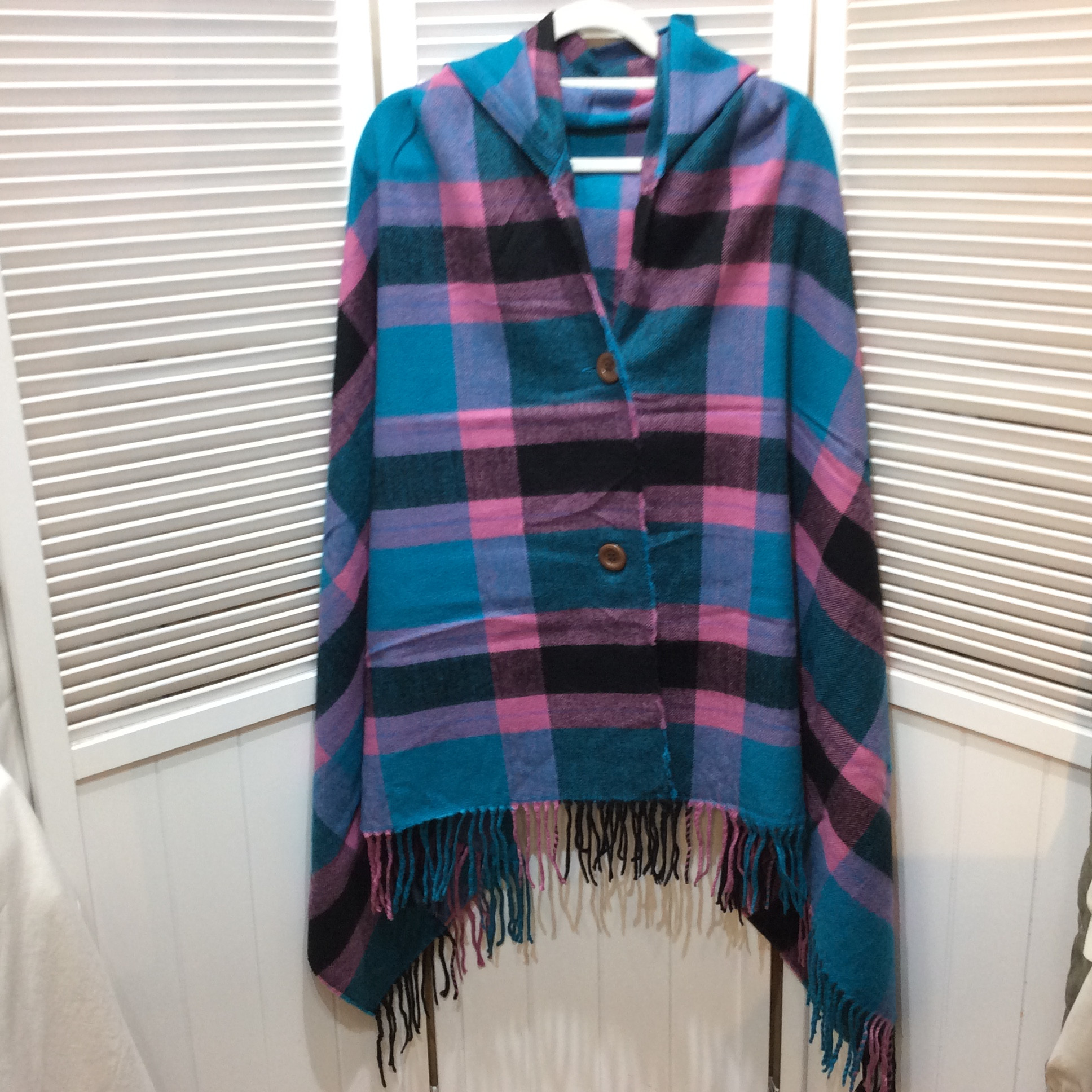 新品☆フード付きポンチョ フリーサイズ ブルー×ピンク チェック柄