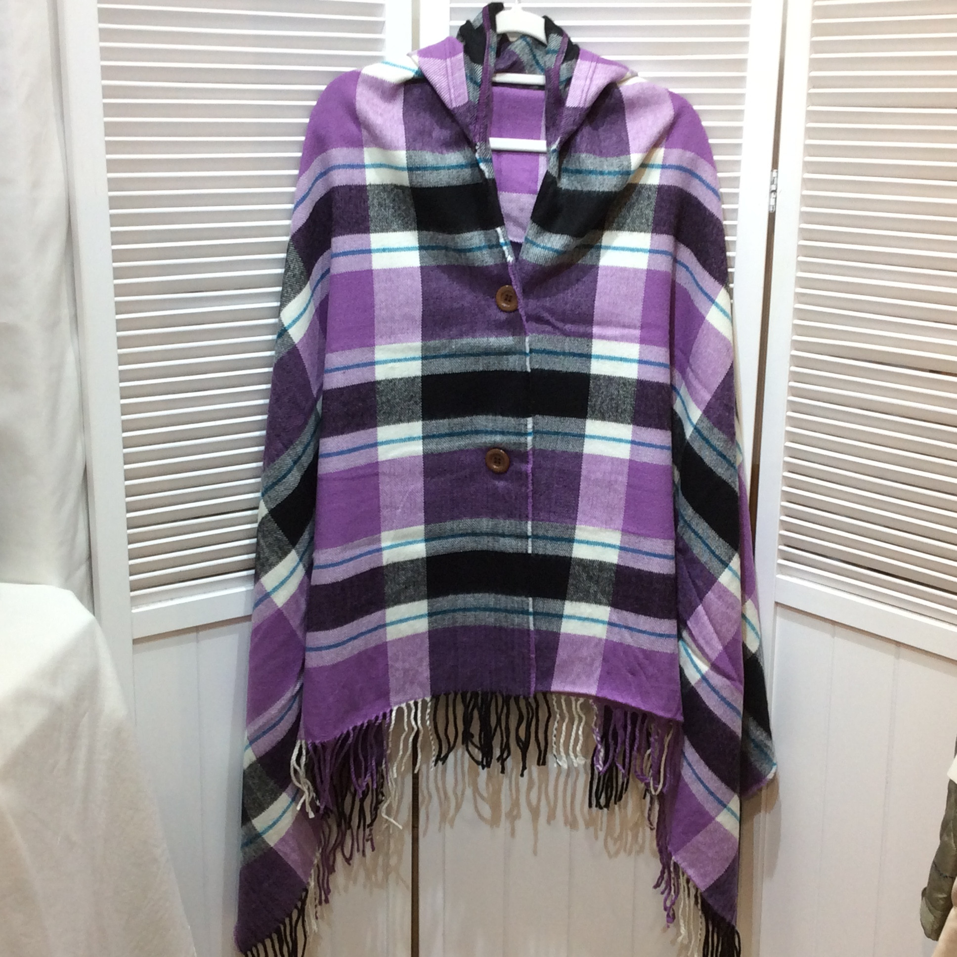 新品☆フード付きポンチョ フリーサイズ パープル チェック柄