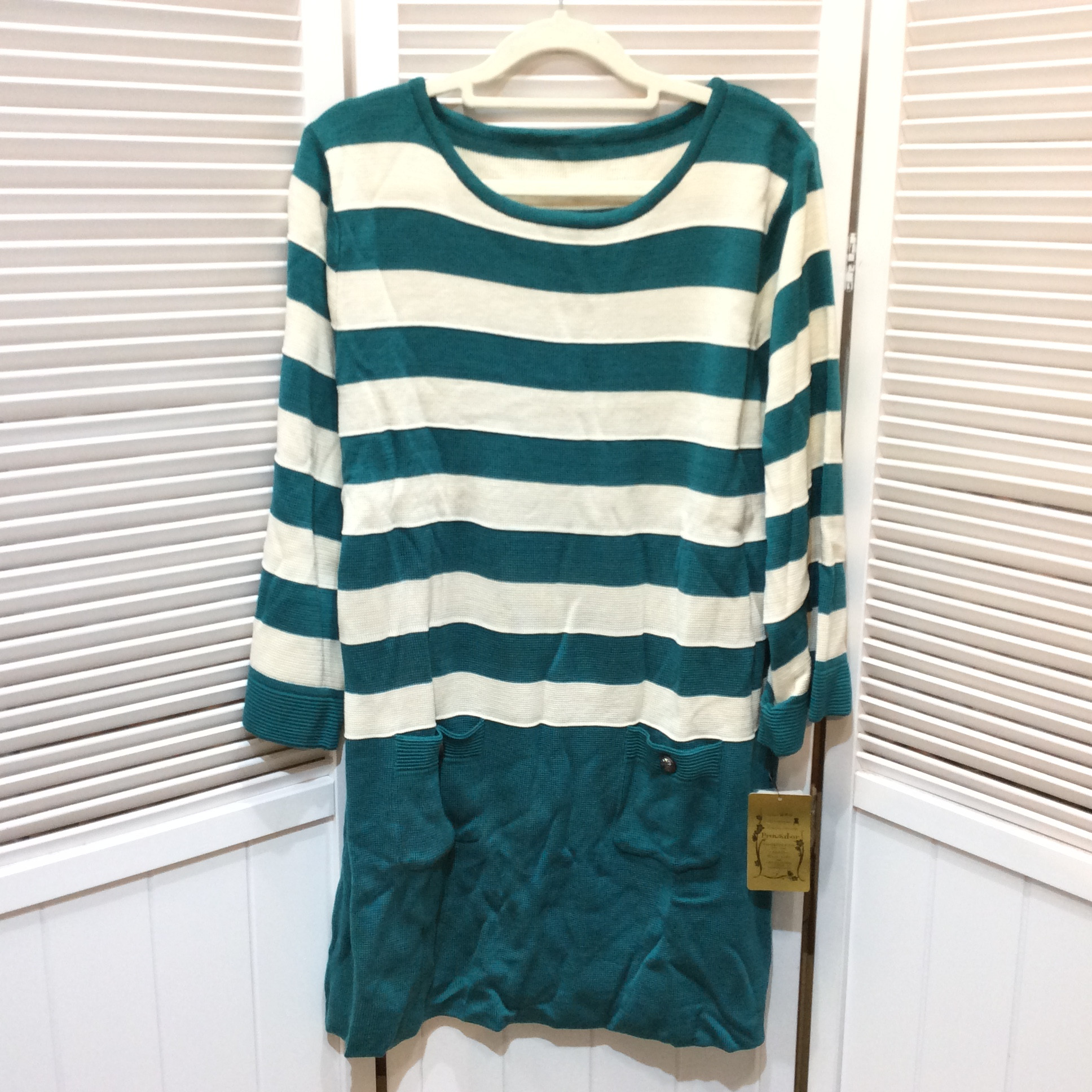 未使用☆Provador プロバドール ニットチュニック 3L グリーン×ホワイト ボーダー