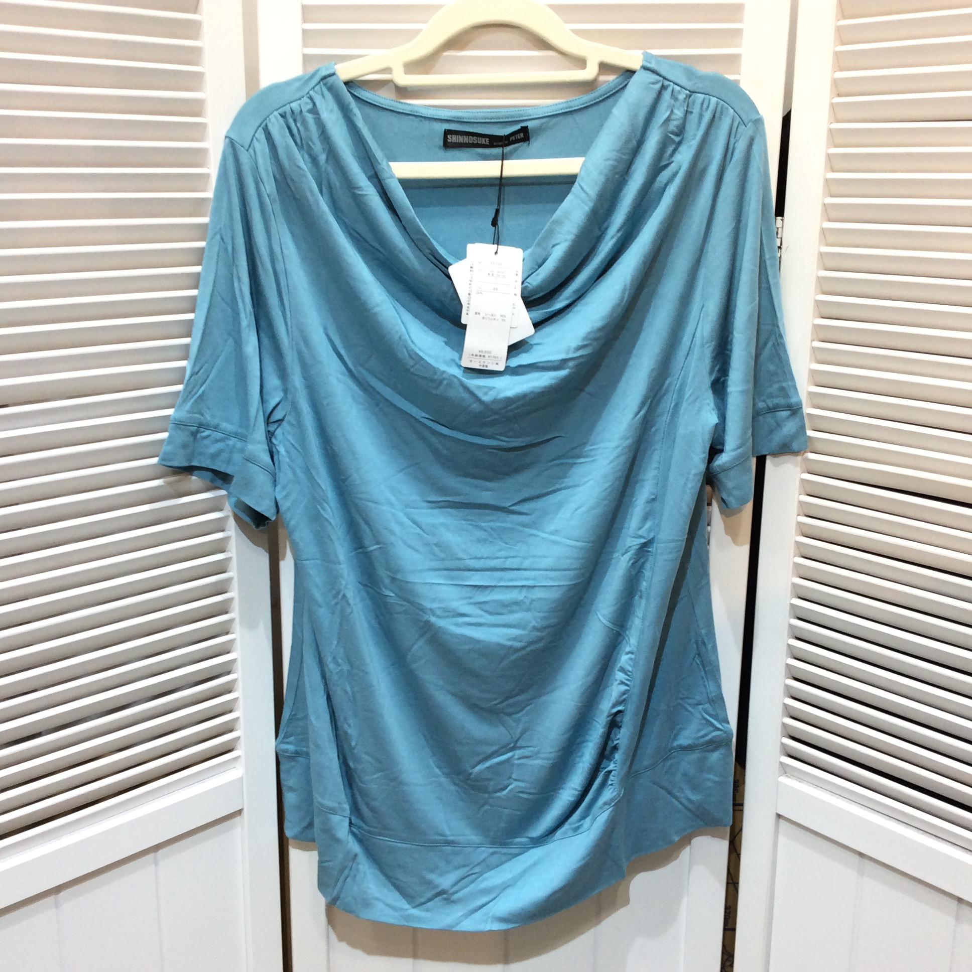 未使用☆SHINNOSUKE designed by PETER レディース ドレープTシャツ LL 水色 池畑慎之介 ブルー