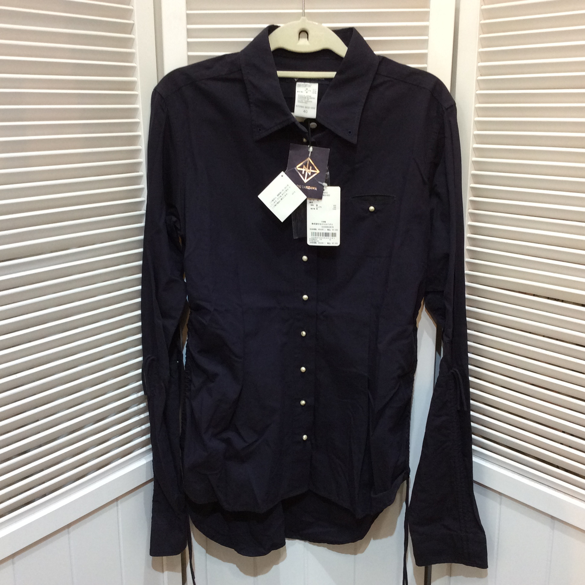 未使用☆NAOKI TAKIZAWA ナオキタキザワ レディース 長袖ブラウス 40 ネイビー 麻 リネン パールボタン