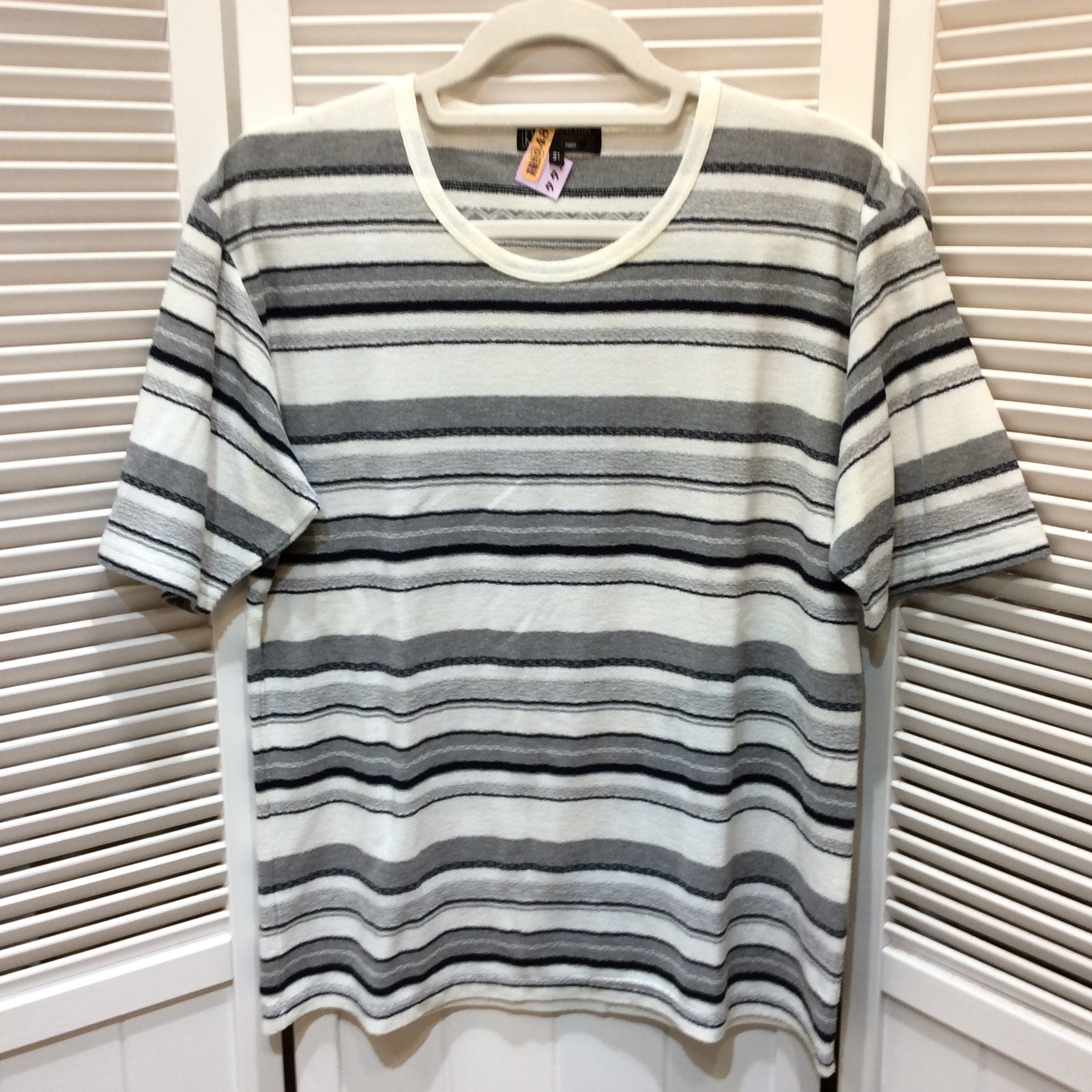 MICHEL KLEIN ミッシェルクラン メンズ 半袖シャツ 51 ホワイト×グレー ボーダー柄