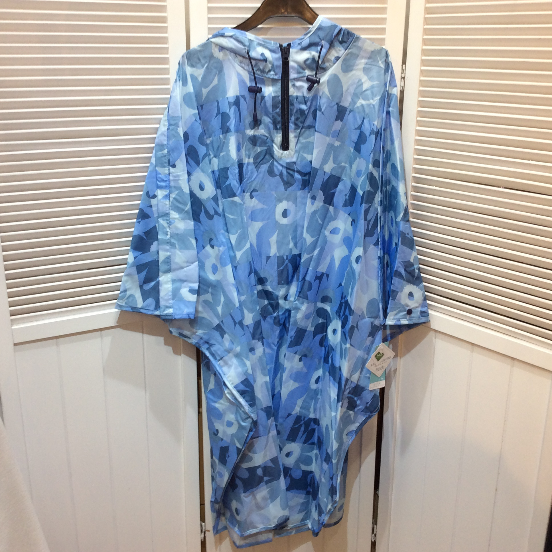 新品☆レインポンチョ レディース M〜L フード付き ブルー花柄 はっ水加工 通勤 自転車