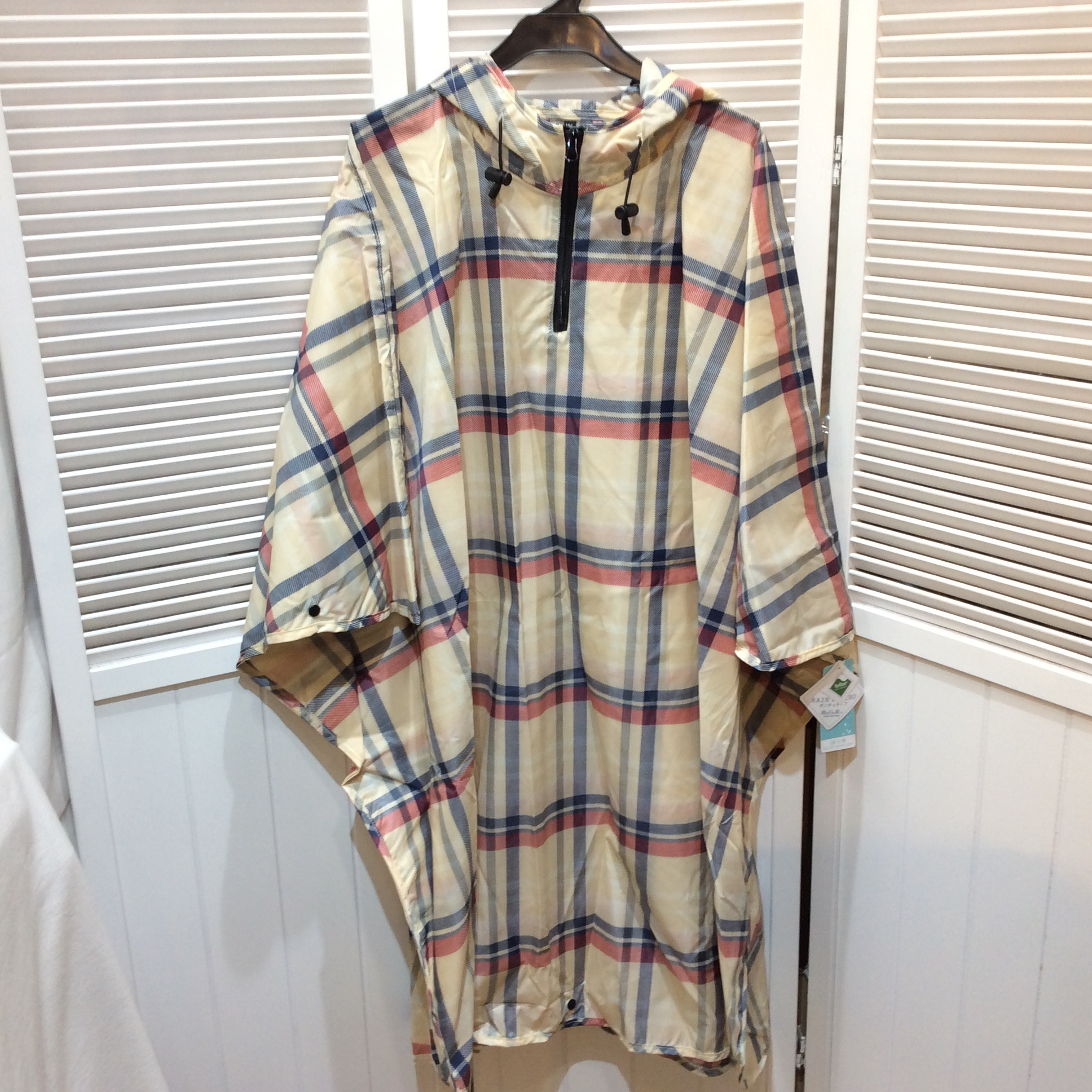 新品☆レインポンチョ レディース M〜L フード付き ベージュチェック柄 はっ水加工 通勤 自転車