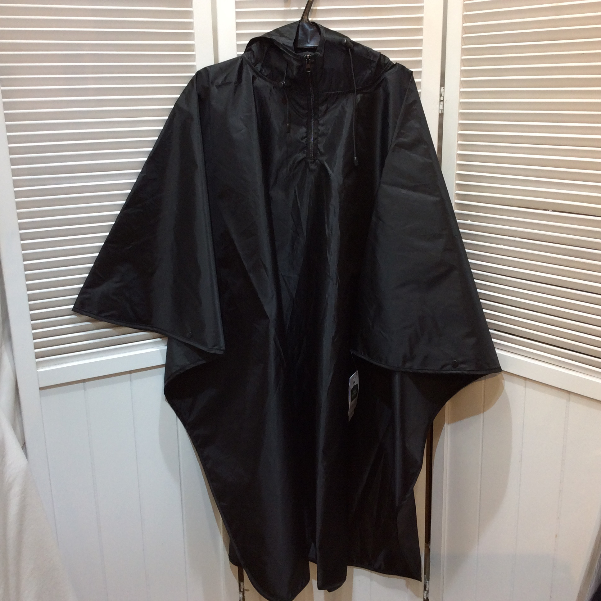 新品☆パイピング レインポンチョ レディース M〜L フード付き ブラック はっ水加工 通勤 自転車