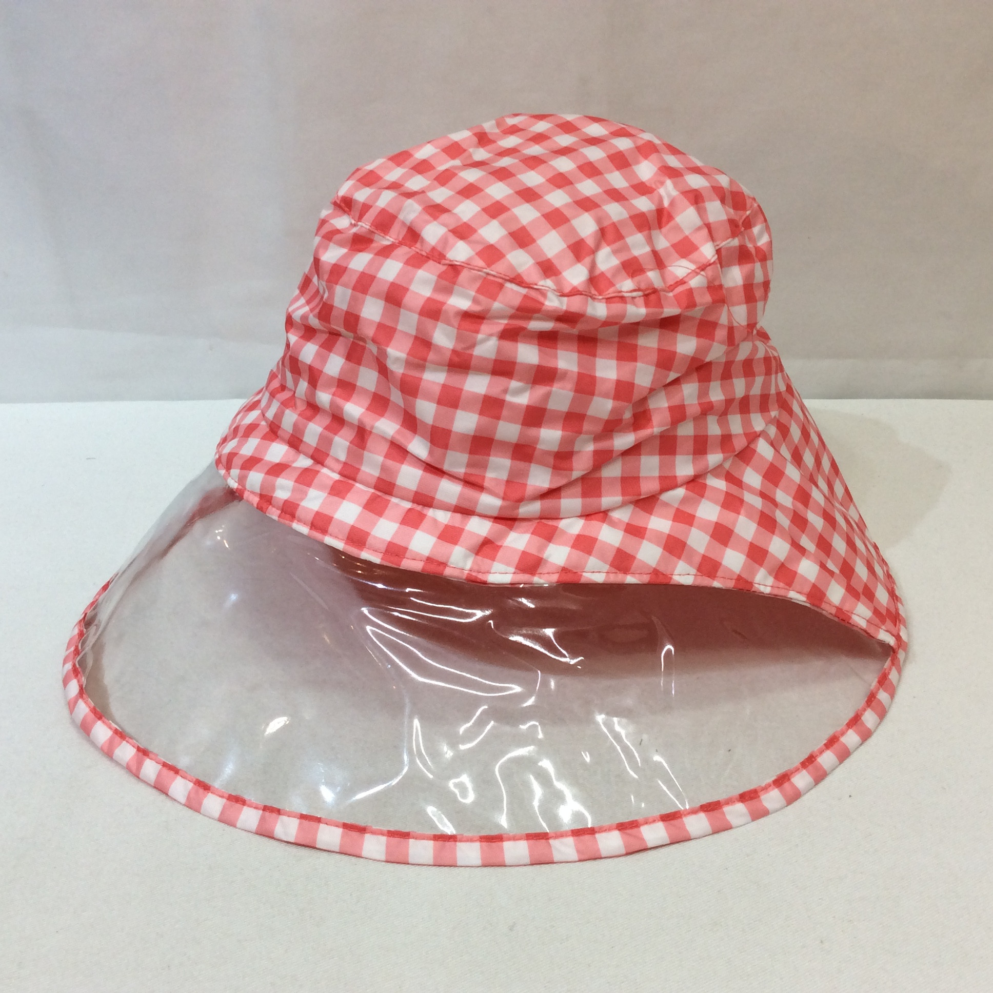 新品☆レインハット 透明つば広タイプ 紐なし ピンクチェック柄