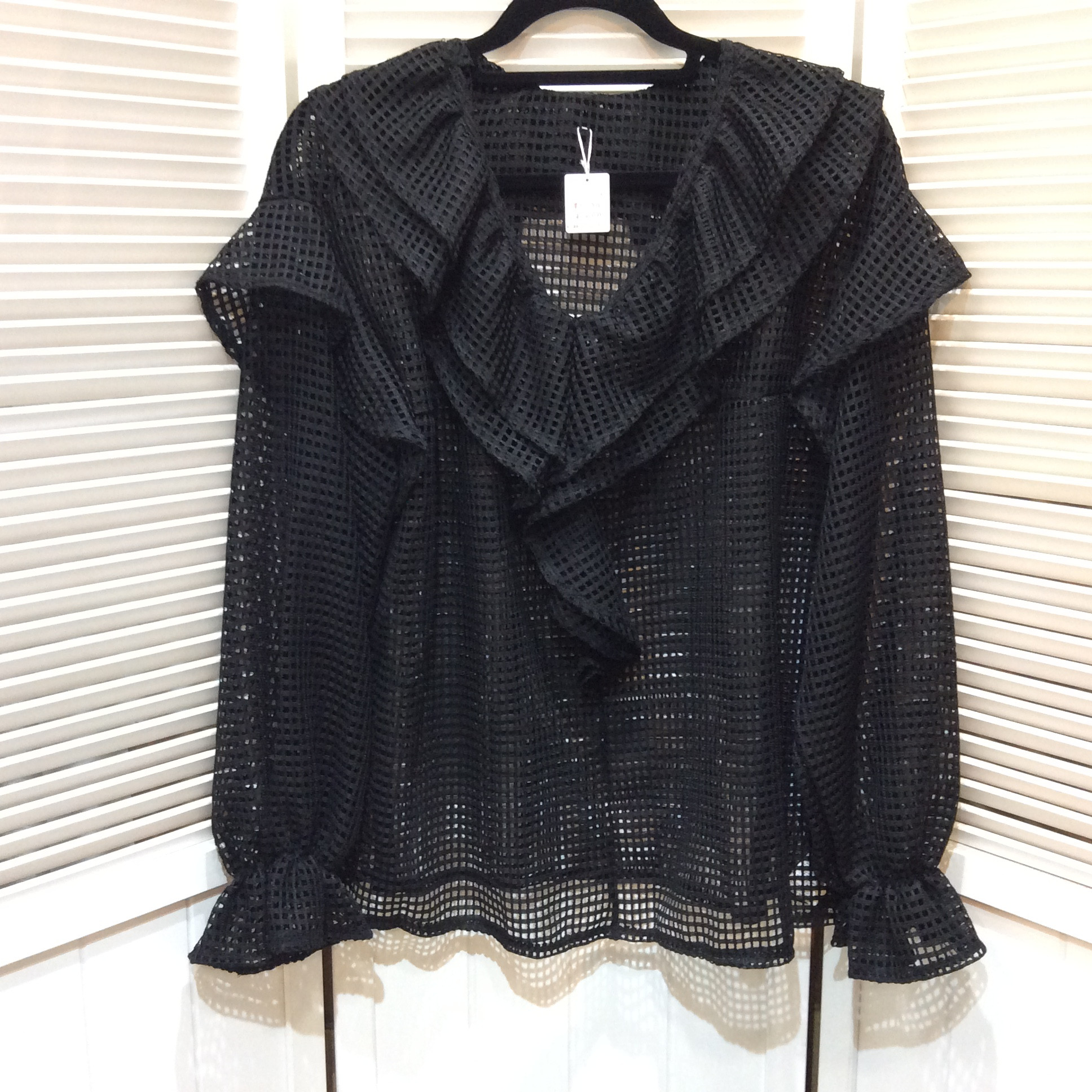 メッシュ  フリルカットソー  XLサイズ 黒