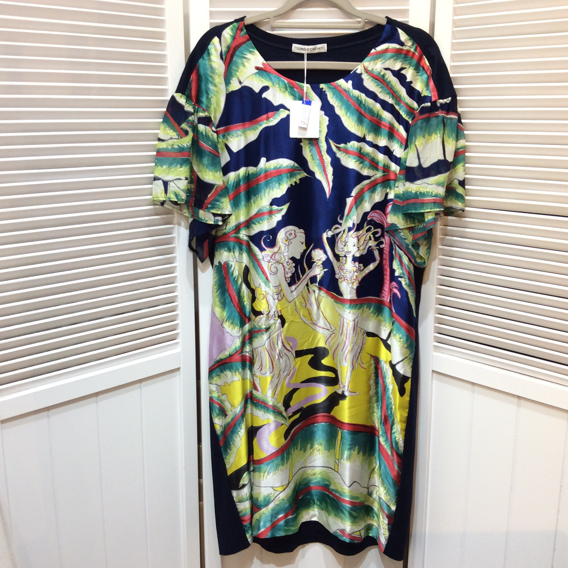 未使用 ツモリチサト シルク チュニックワンピース サイズ2   ネイビー／プリント柄