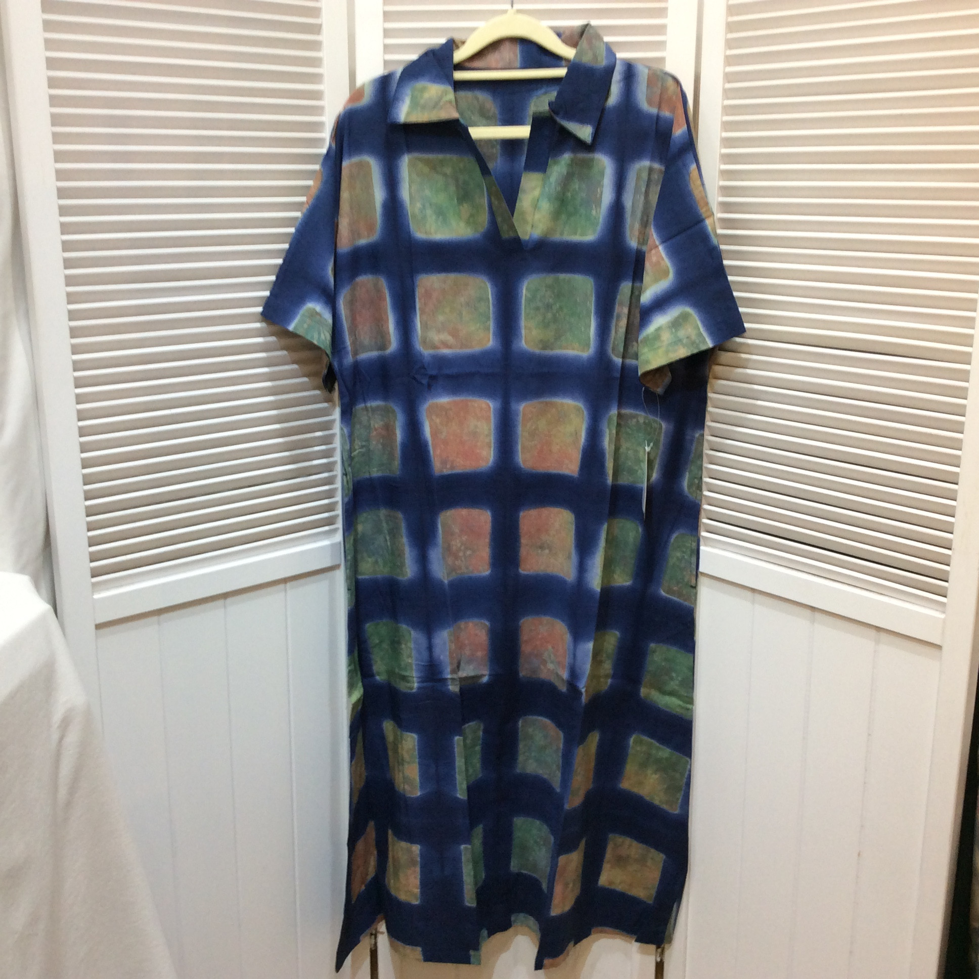 新品☆3s4you レディース 半袖 綿ワンピース M~L ブルー×四角柄 TRY