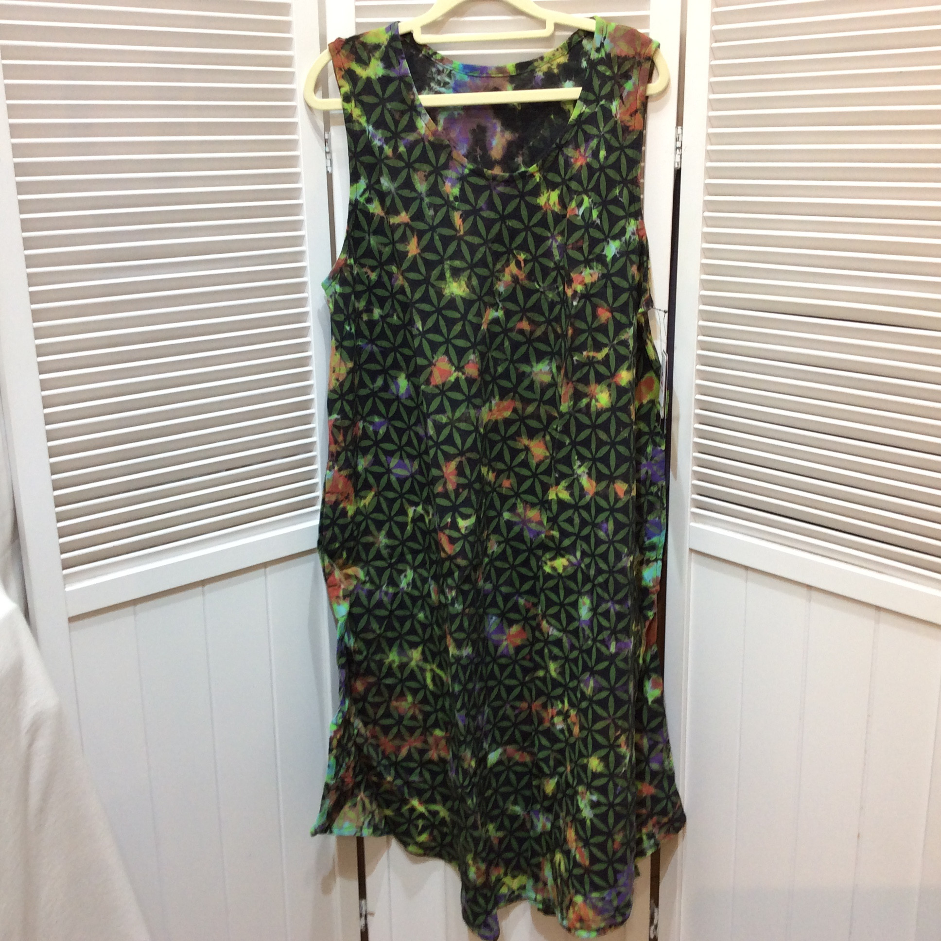 新品☆3s4you レディース 綿ノースリーブワンピース M~L ブラック×グリーン柄 TRY