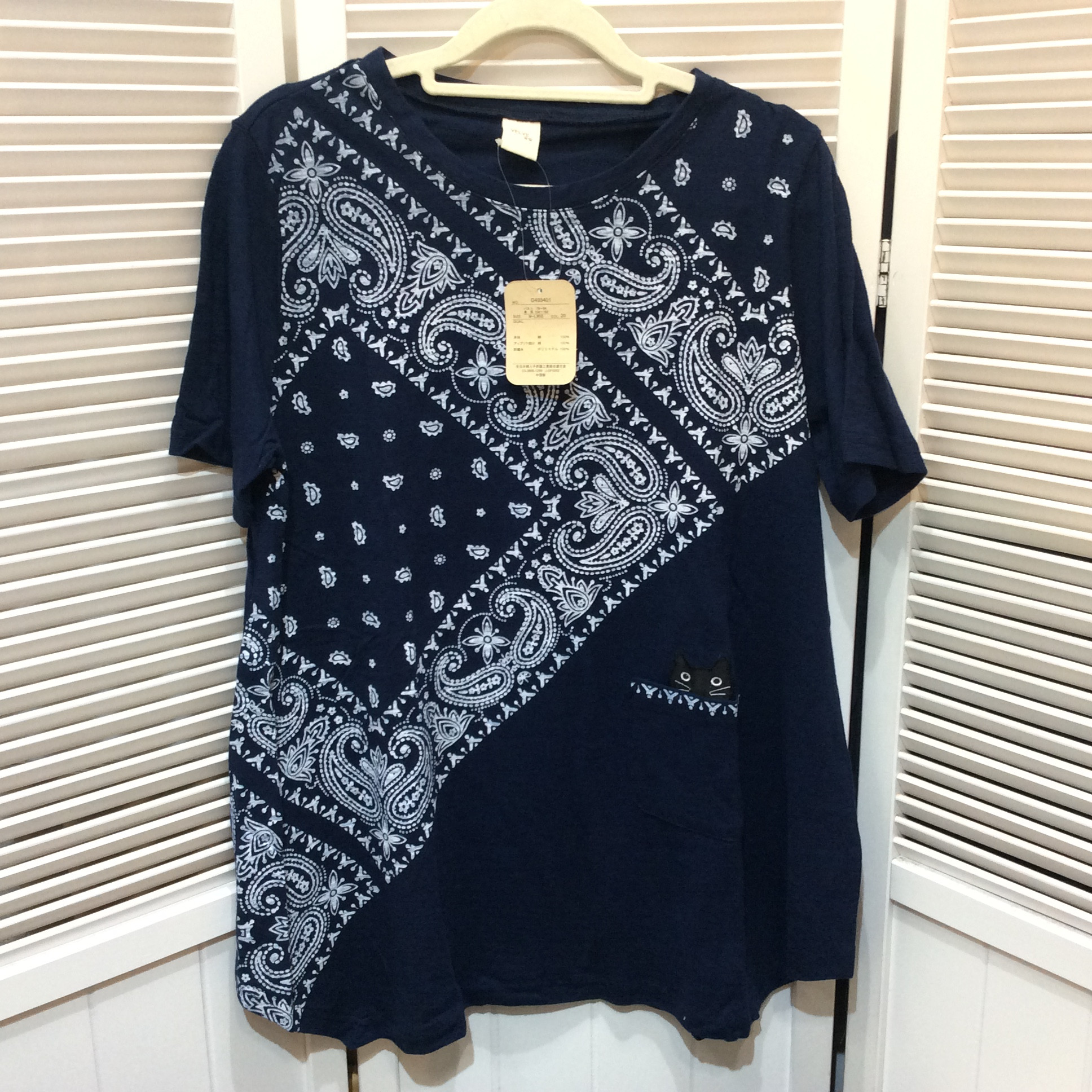 未使用☆チュニックTシャツ M~L ネイビー ネコ うしろシミあり