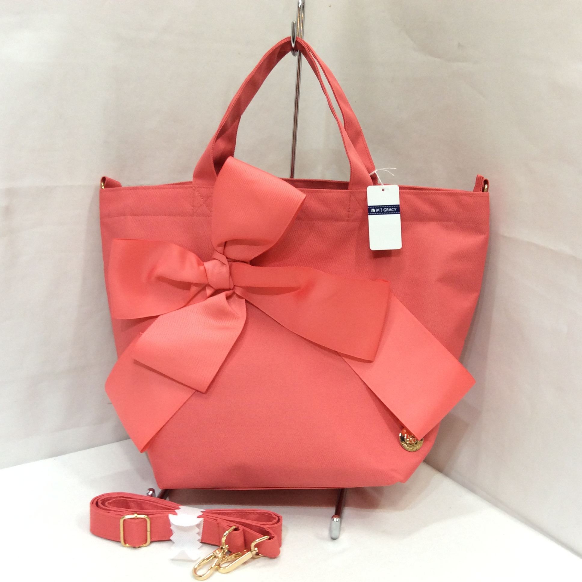 新品 エムズグレイシー   リボン付きトートバッグ  ピンク