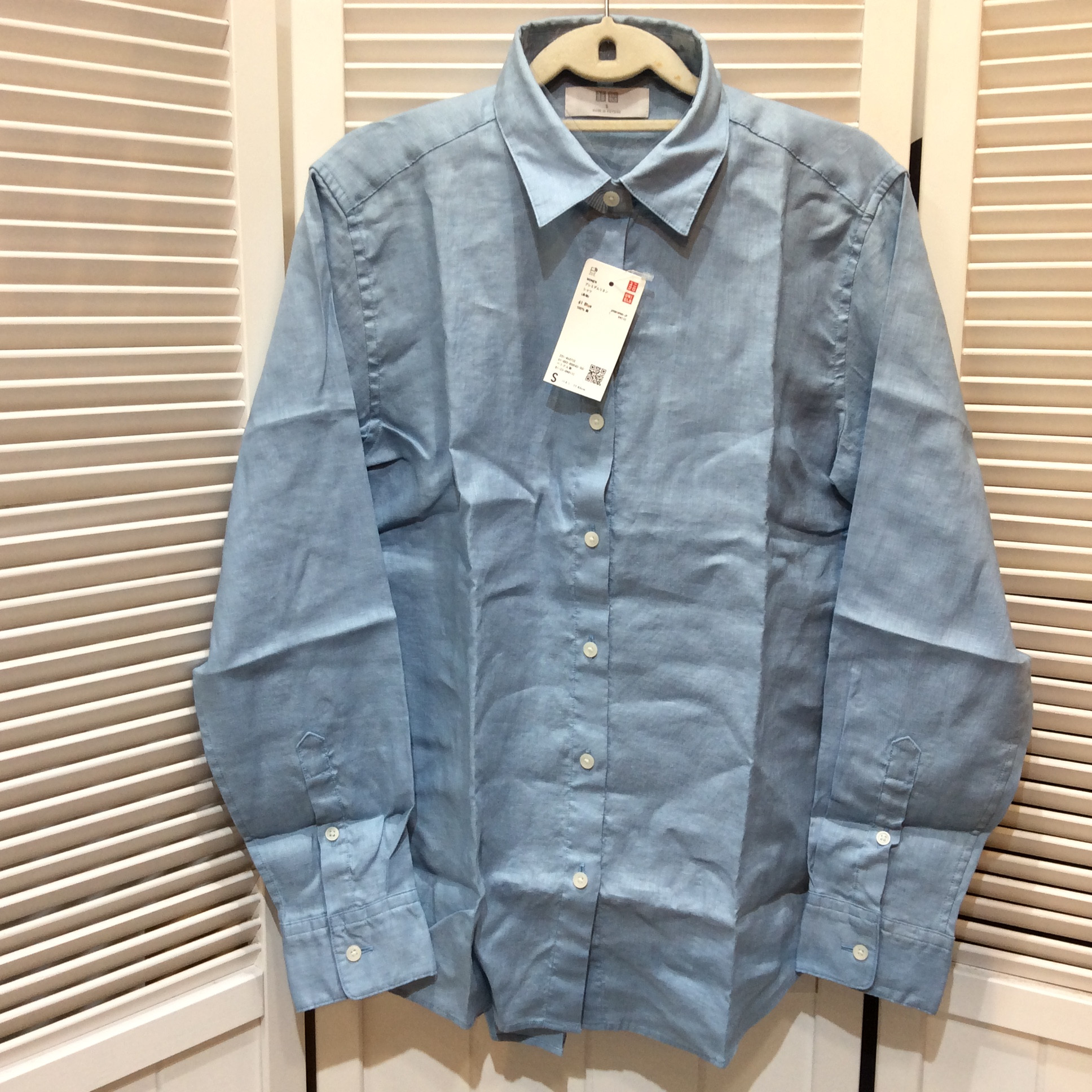 未使用 ユニクロ プレミアムリネン 長袖シャツ Sサイズ 水色