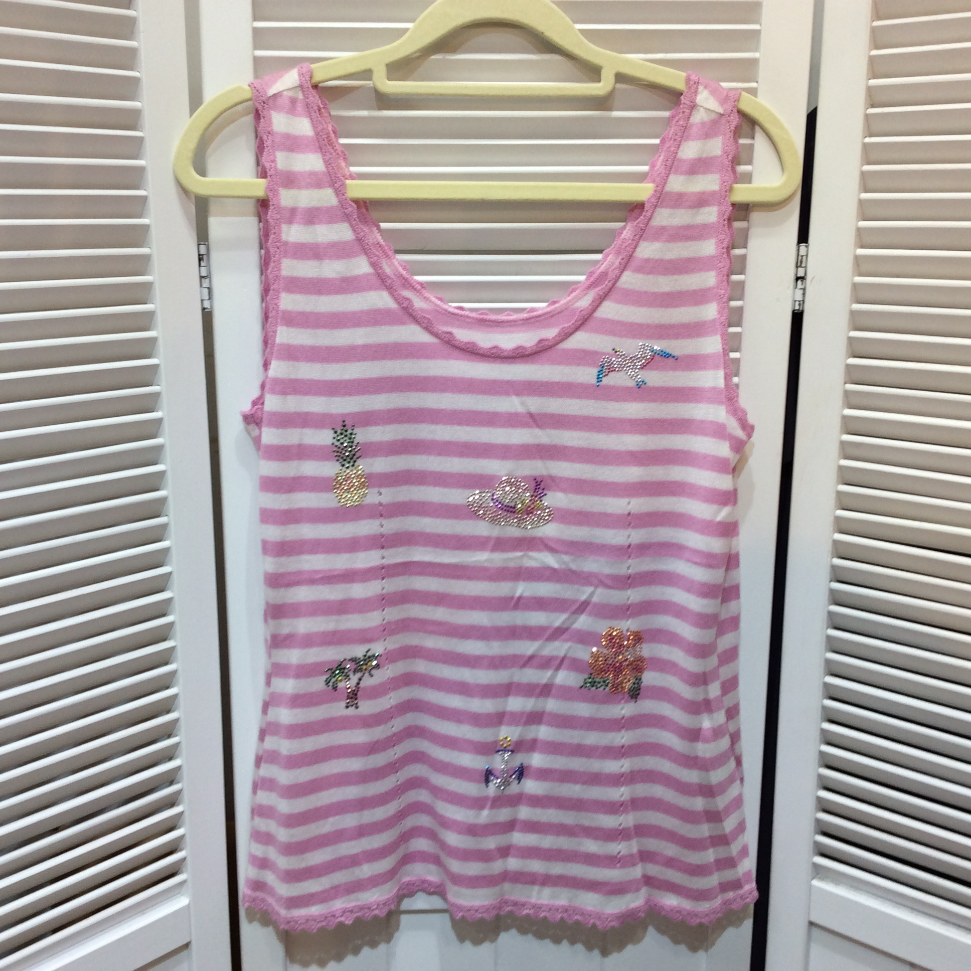 伊太利屋 レディース ニットノースリーブ タンクトップ 13号 ピンク×ホワイト ボーダー