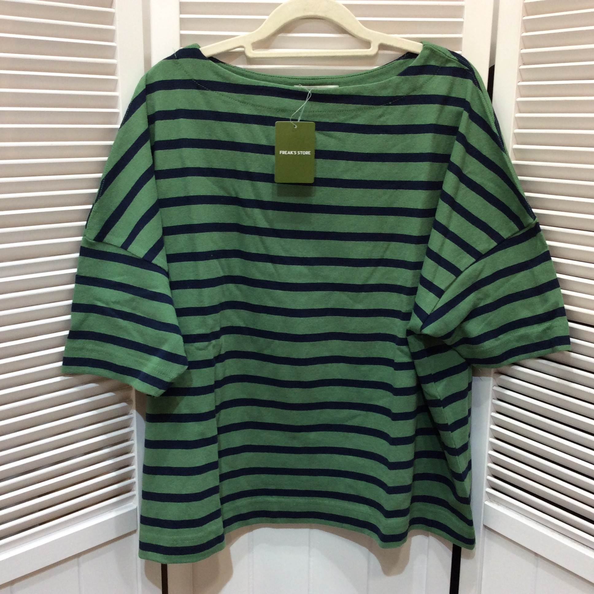 未使用☆FREAK'S STORE フリークスストア ポートネックバスクボーダー半袖シャツ F グリーン×ネイビー