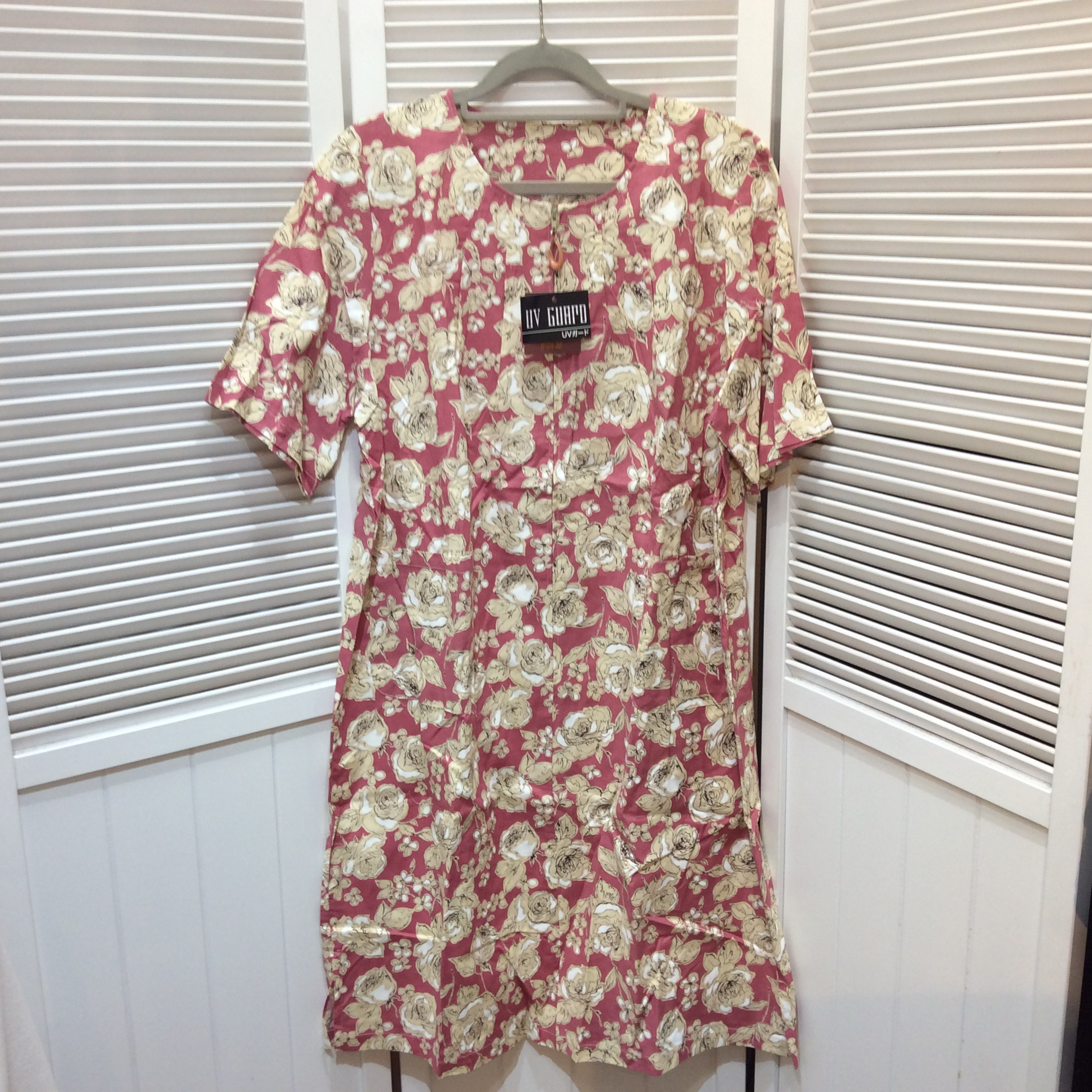 新品☆手作りもめん細工 UVガード 半袖ワンピース M~L ピンク 花柄