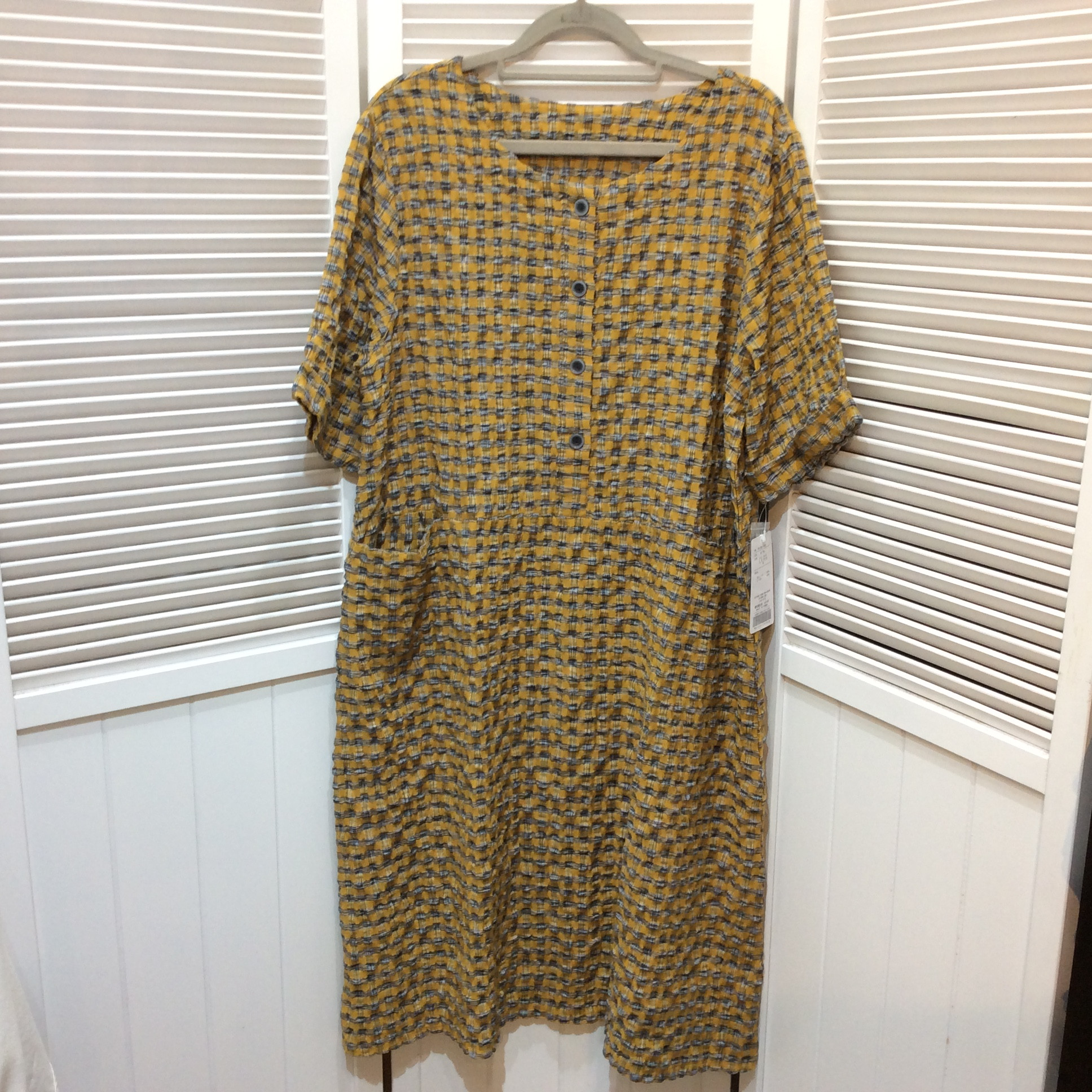 新品☆Collezione di Moda 先染め格子柄 半袖ワンピース M イエロー系