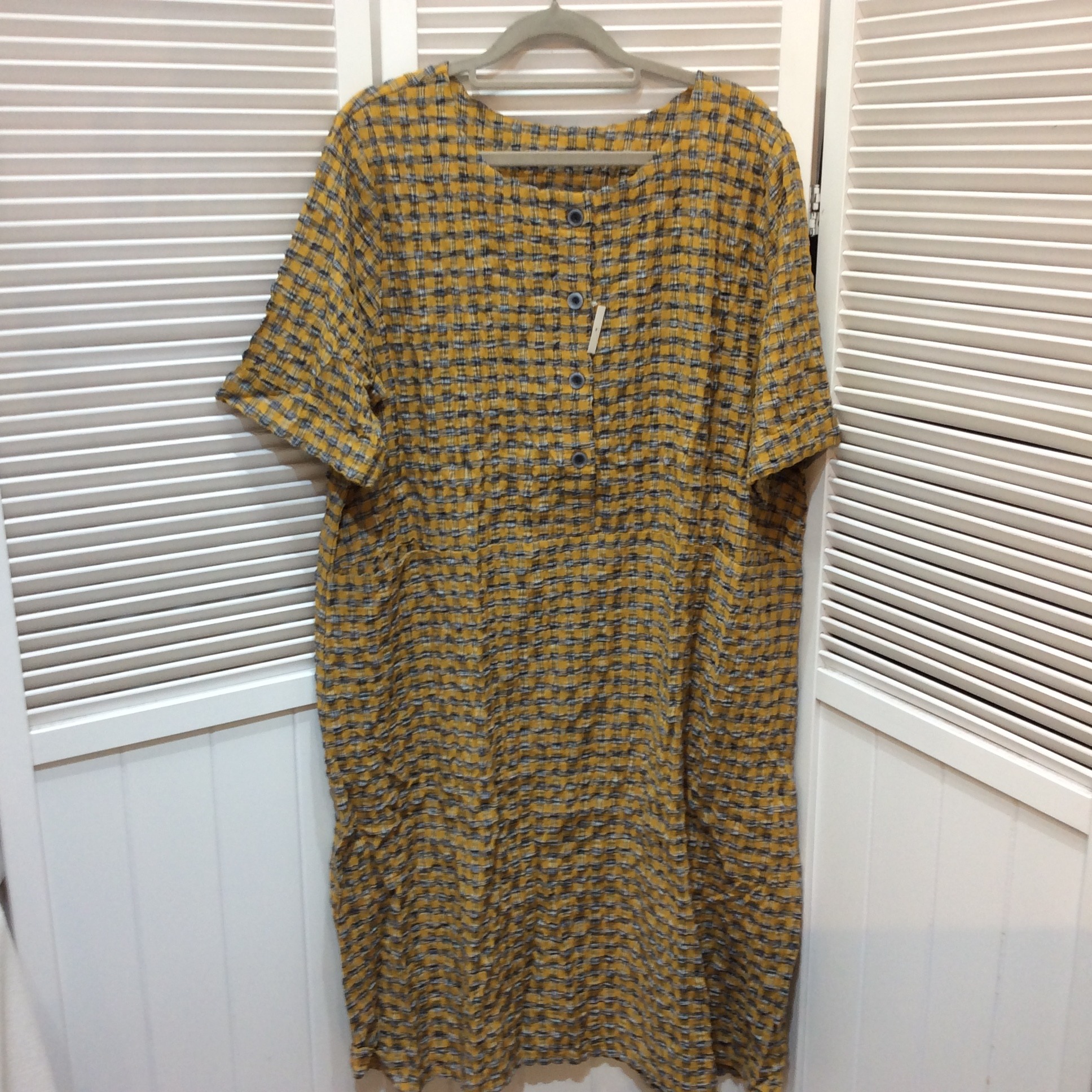 新品☆Collezione di Moda 先染め格子柄 半袖ワンピース L イエロー系