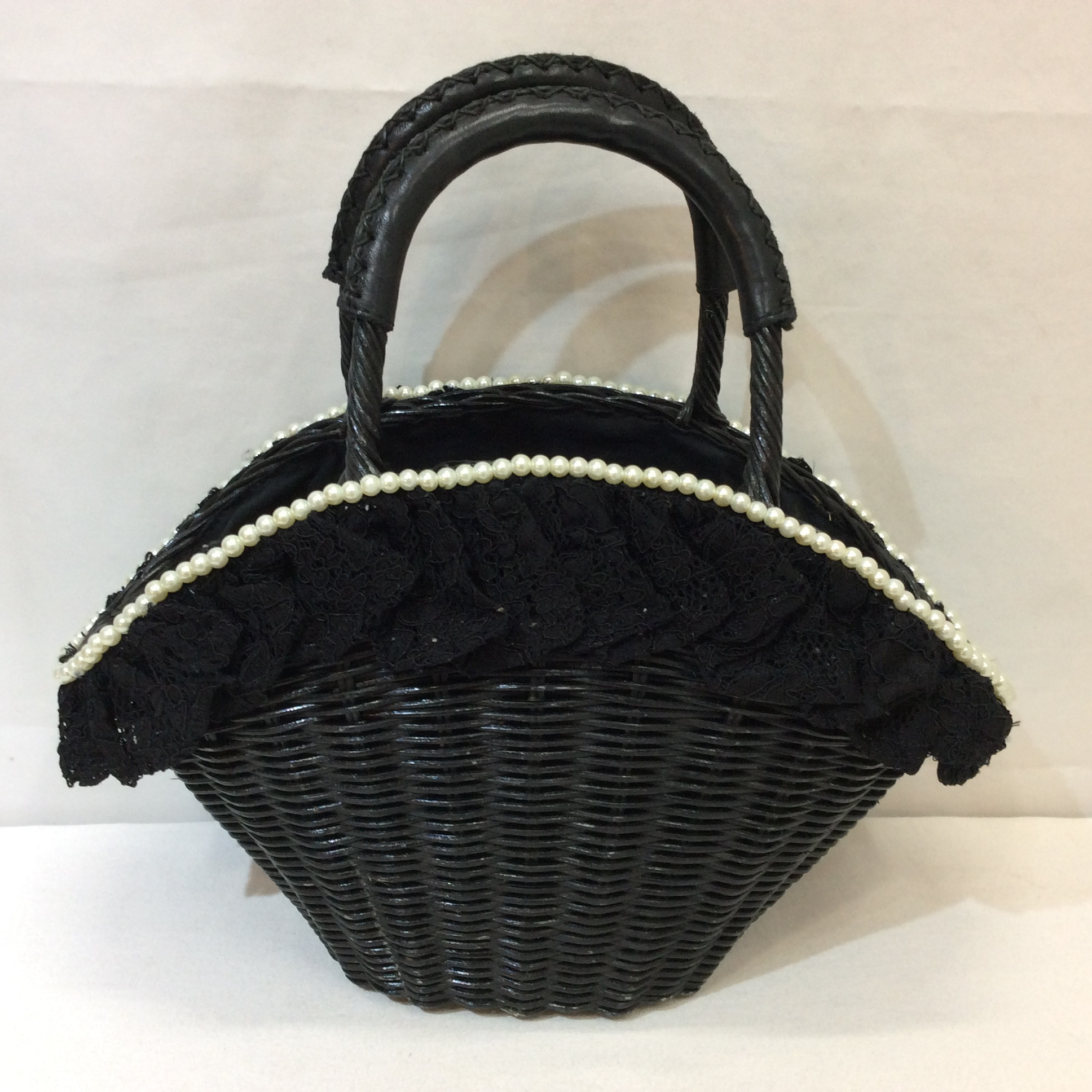 かごバッグ ブラック レース＆パール