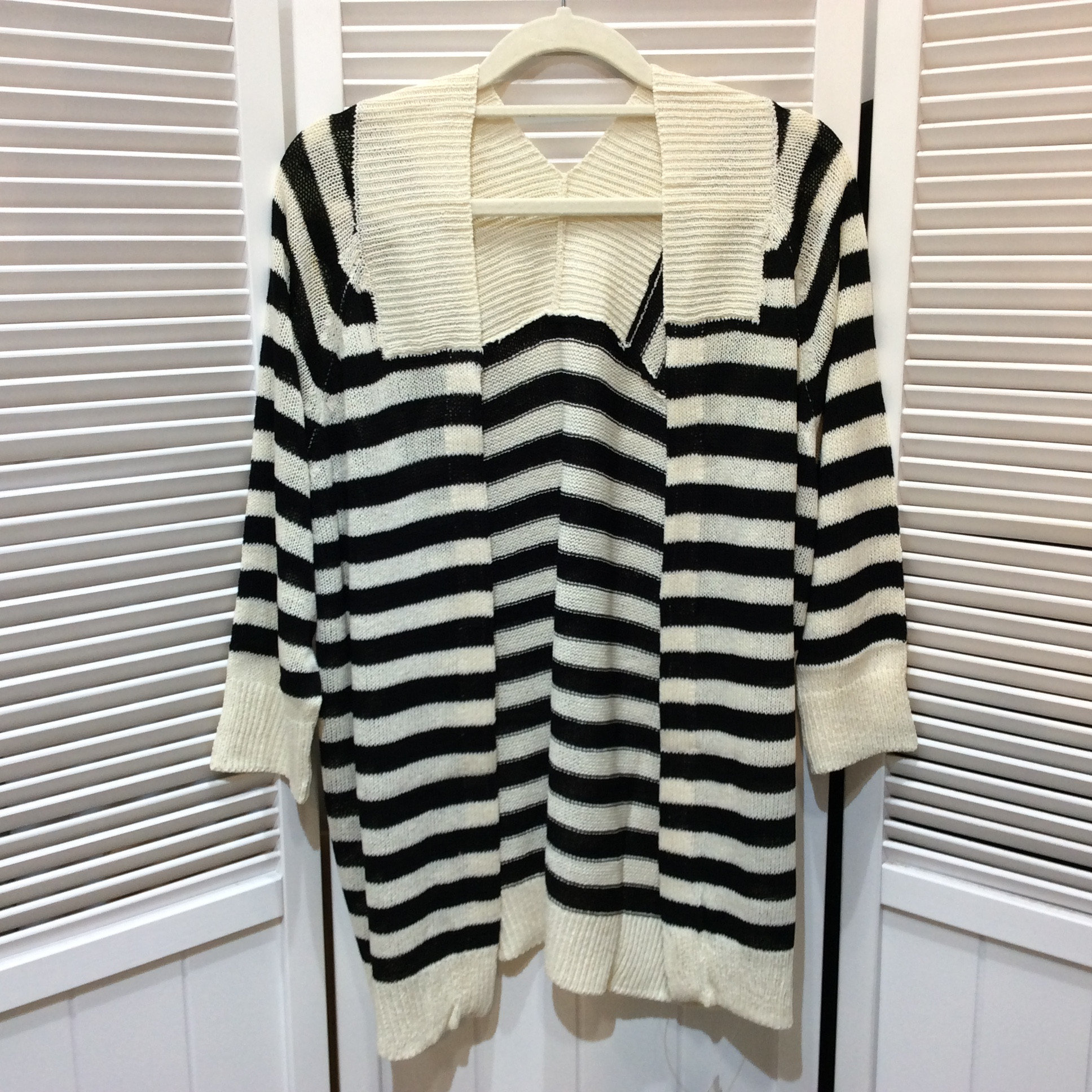 新品☆DHC レディース ブークレー7分袖ロングカーディガン LL アイボリー×ブラック ボーダー