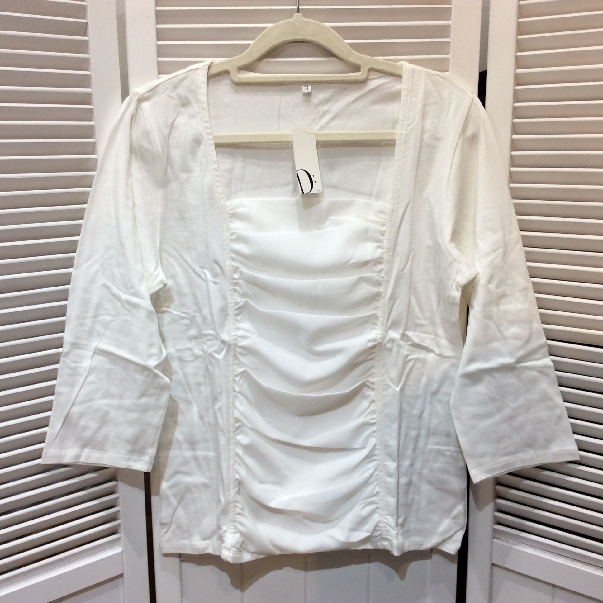 新品☆DHC レディース 7分袖シフォンギャザーカットソー LL ホワイト