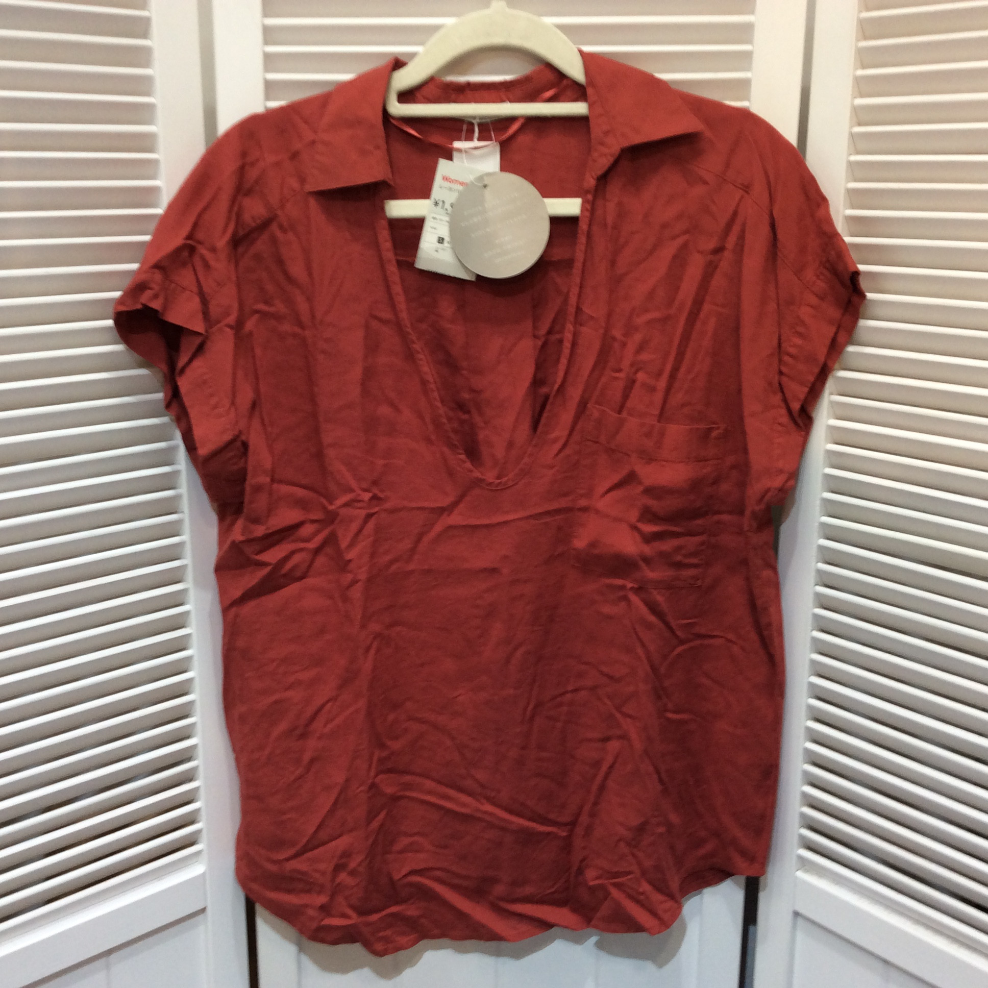 未使用☆GU ジーユー 麻混 レーヨンリネンシャツ S レンガ色系