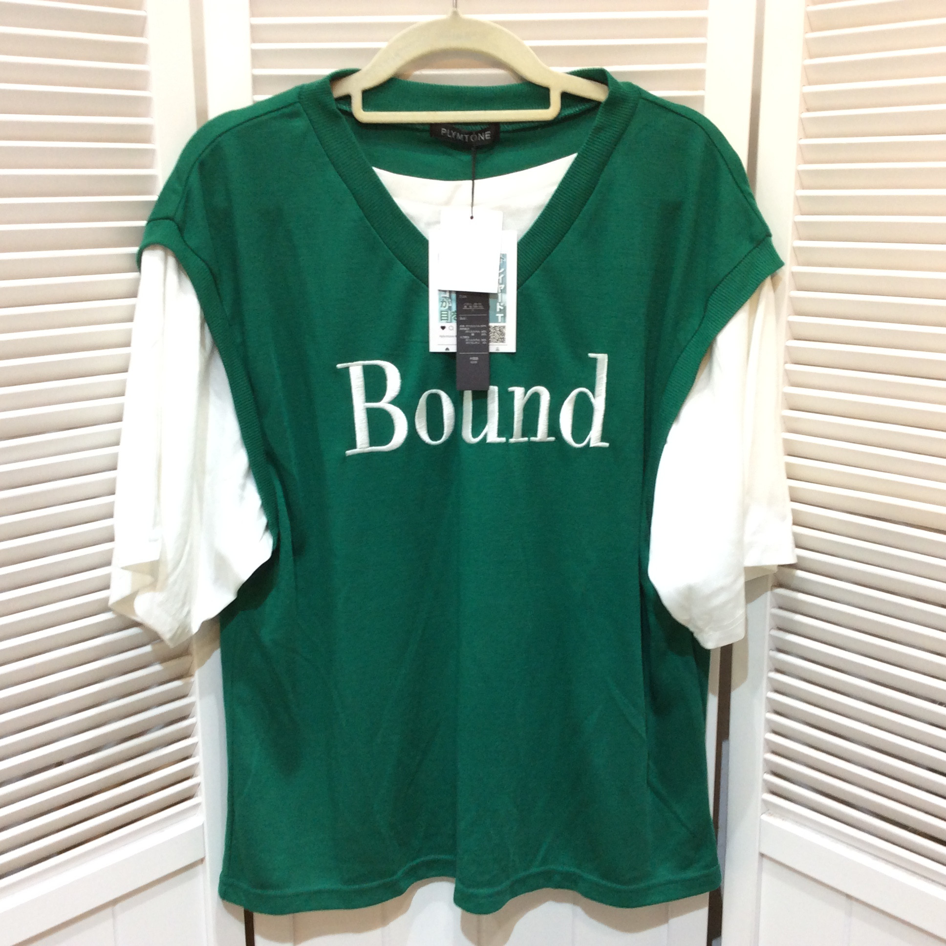 未使用☆PLYMTONE ベストレイヤードTシャツ L グリーン×ホワイト