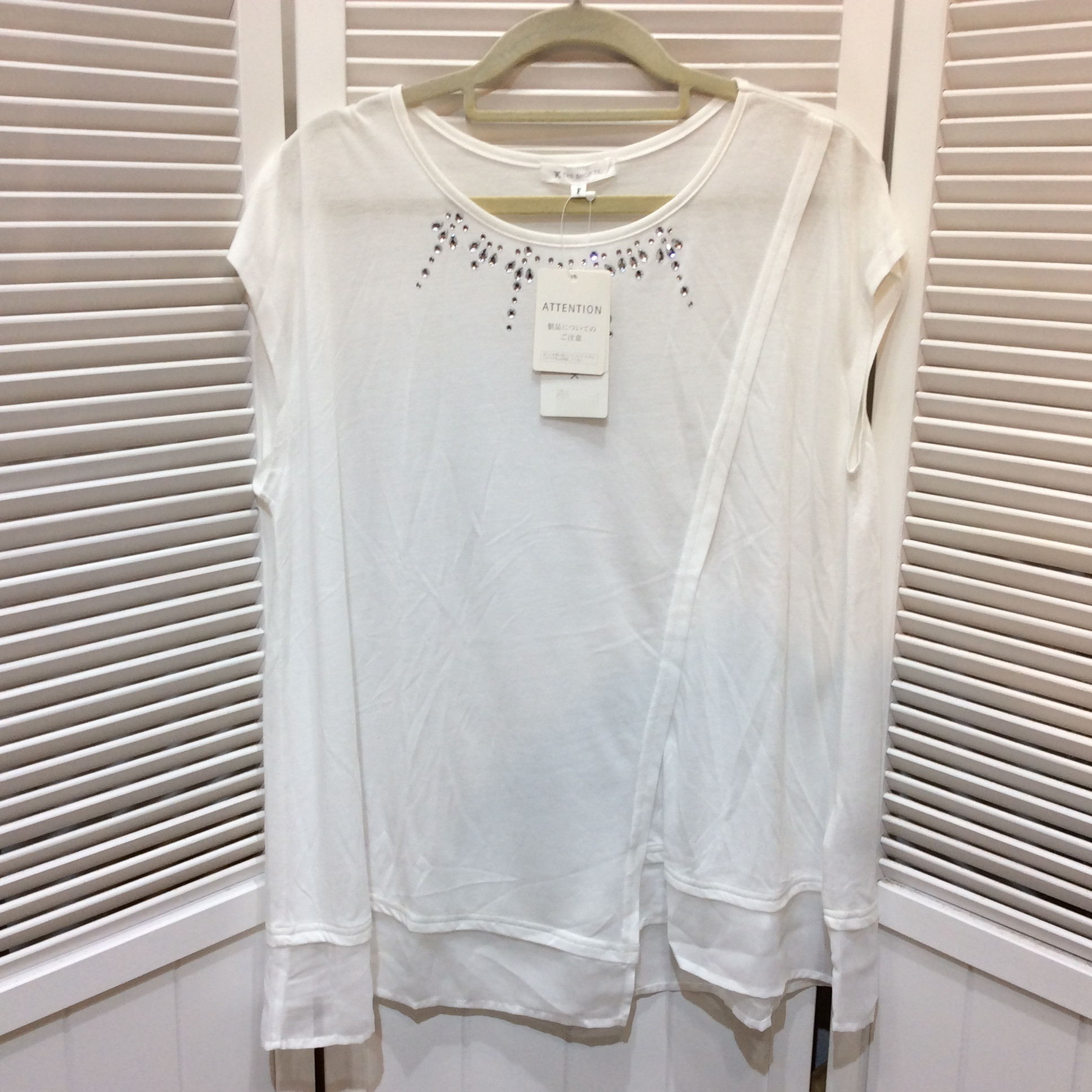 未使用☆THE SHOP TK タケオキクチ ノースリーブカットソー F ホワイト ビジュー付き ワールド