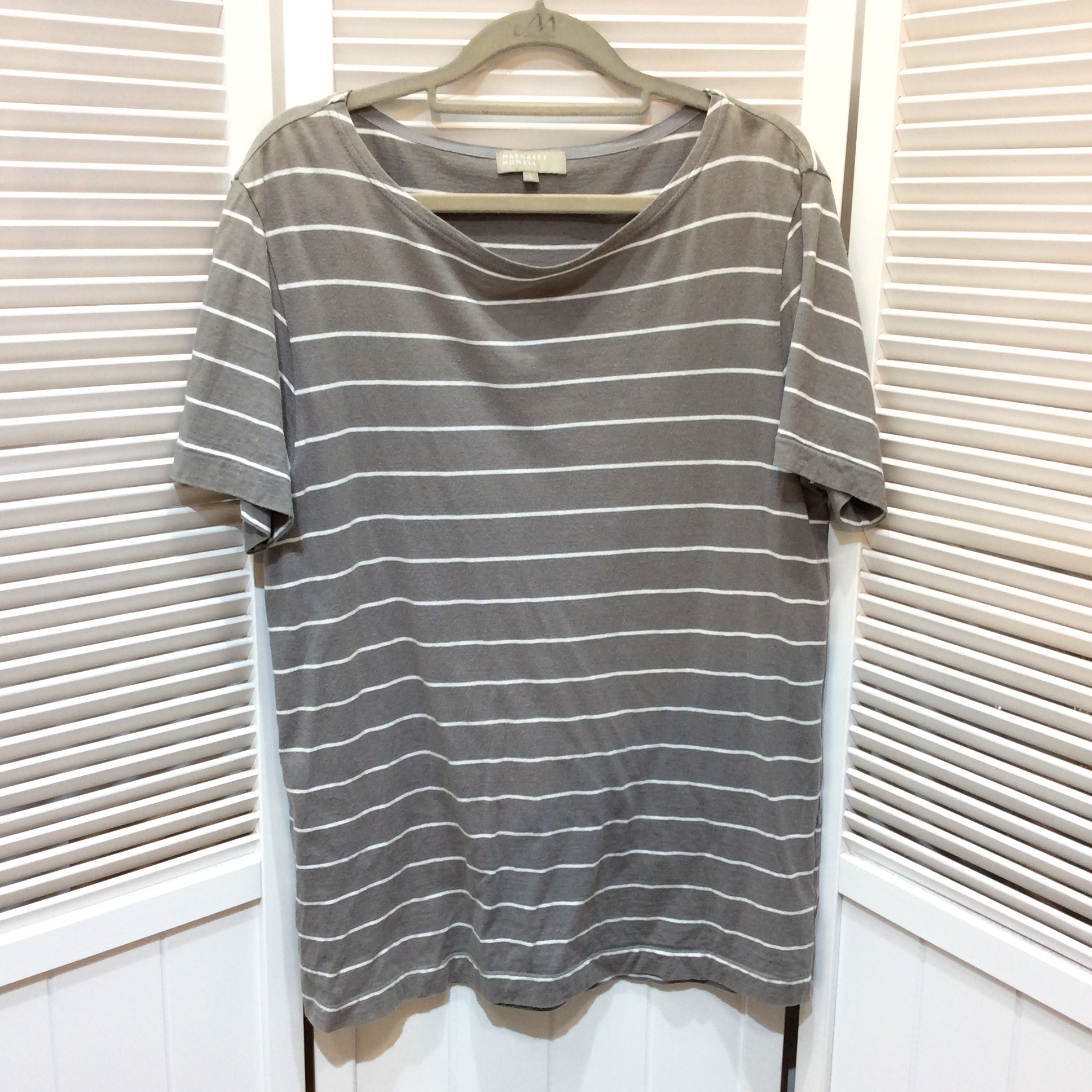 マーガレットハウエル 麻混Tシャツ L グレー ボーダー柄