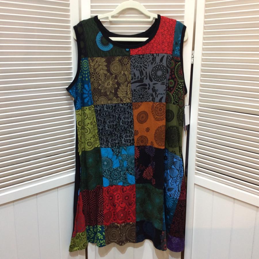 20%off❗️新品☆3s4you レディース 綿 ノースリーブ チュニックワンピース M~L ブラック×カラー柄 TRY