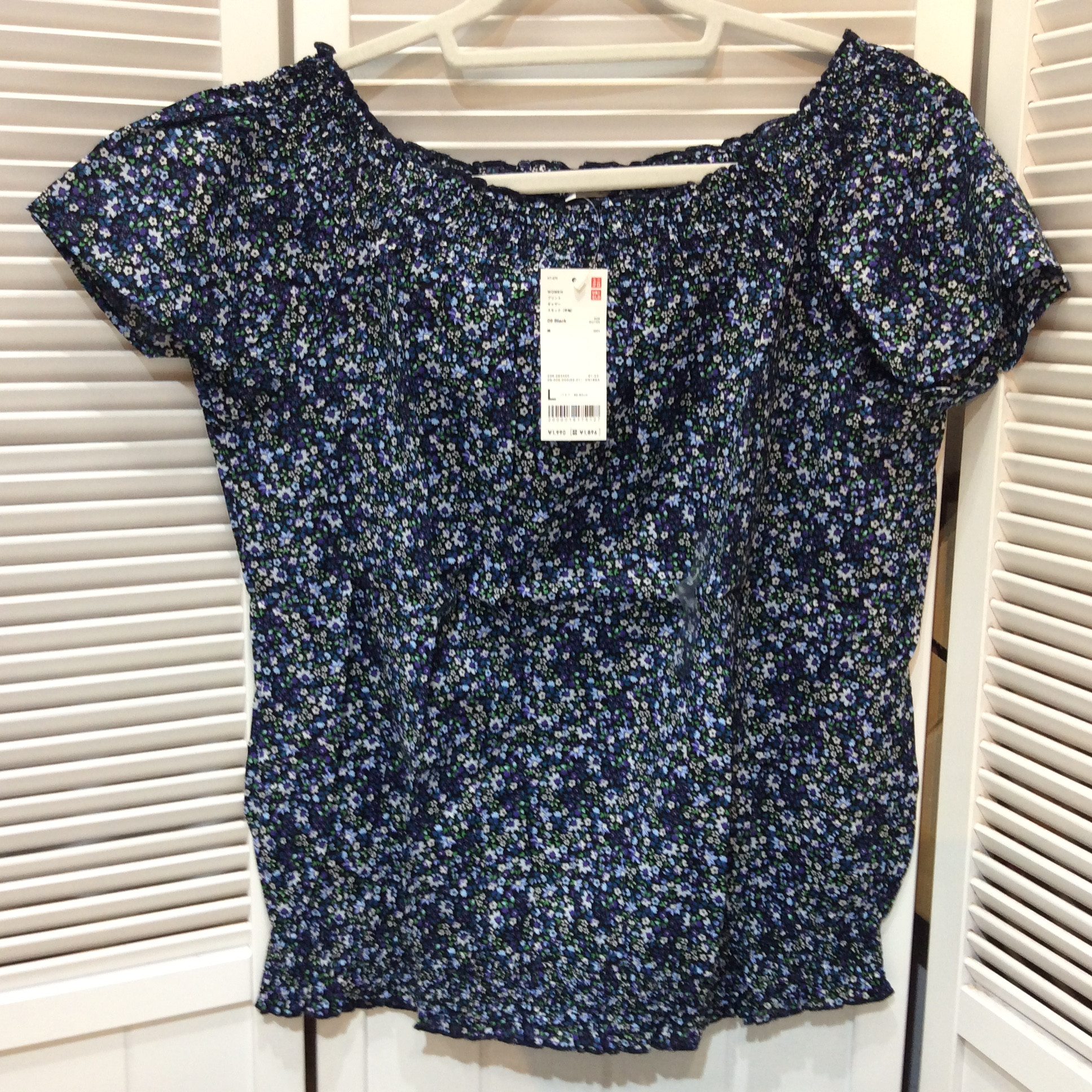 新品 定価の半額❗️ ユニクロ ギャザースモック半袖 Lサイズ  プリント柄