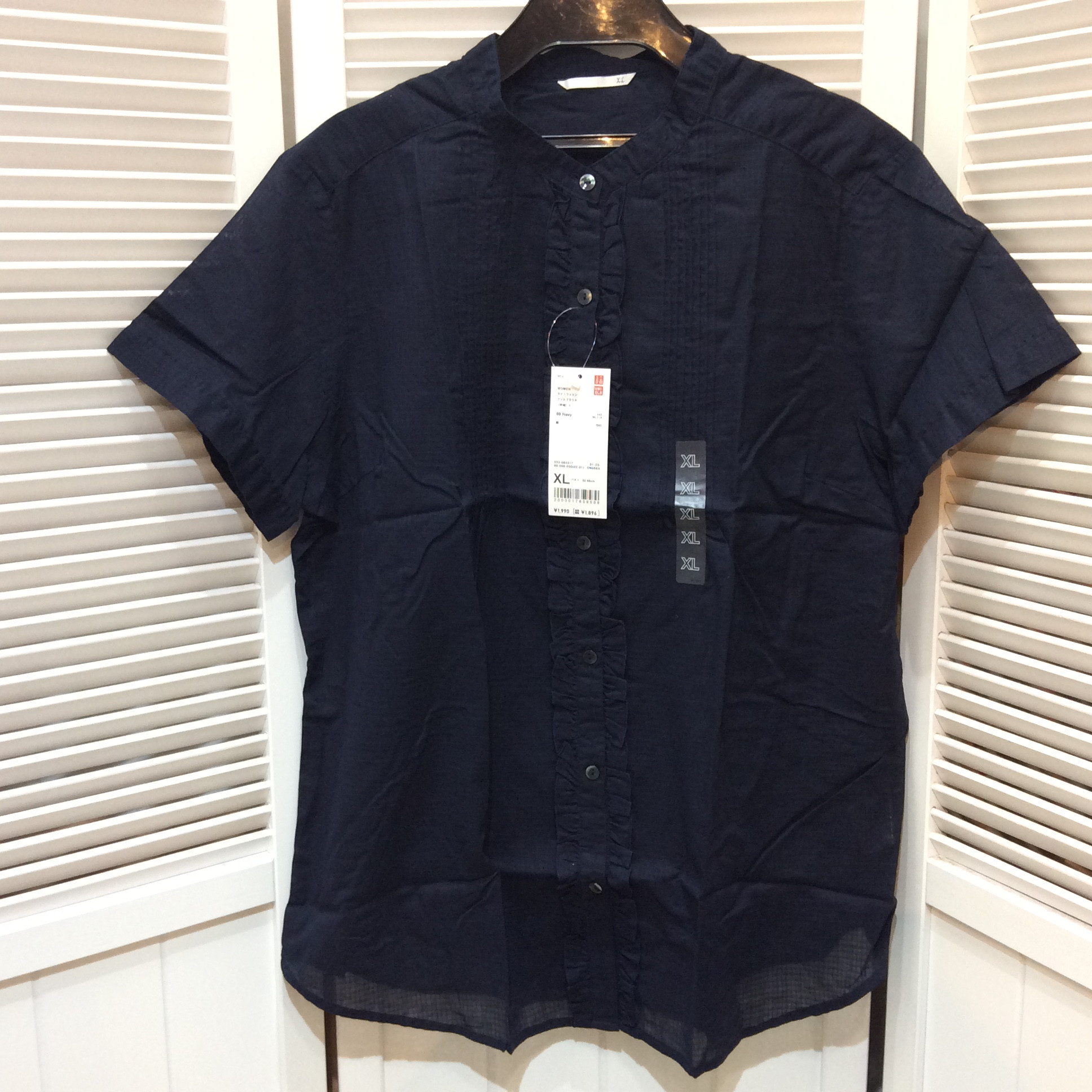 新品 定価の半額❗️ユニクロ コットンフリル半袖ブラウス XLサイズ ネイビー