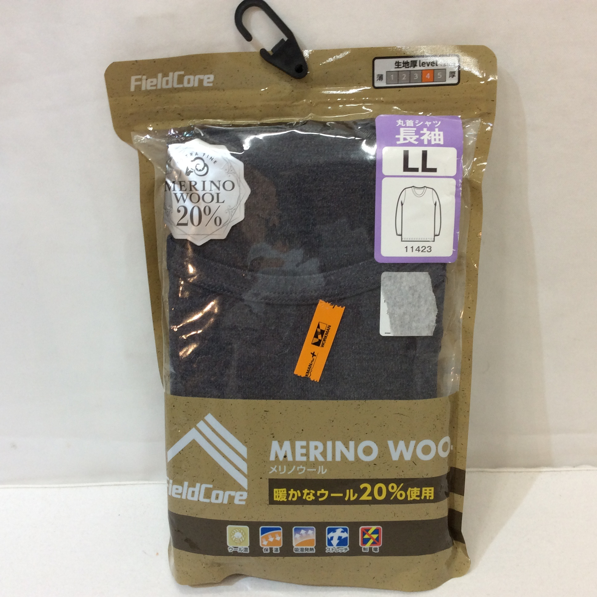 未使用☆ワークマン メンズ メリノウール 丸首シャツ 長袖 LL グレー