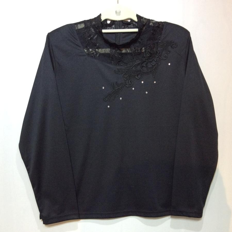 未使用☆婦人 レース 長袖カットソー L ブラック×ラインストーン