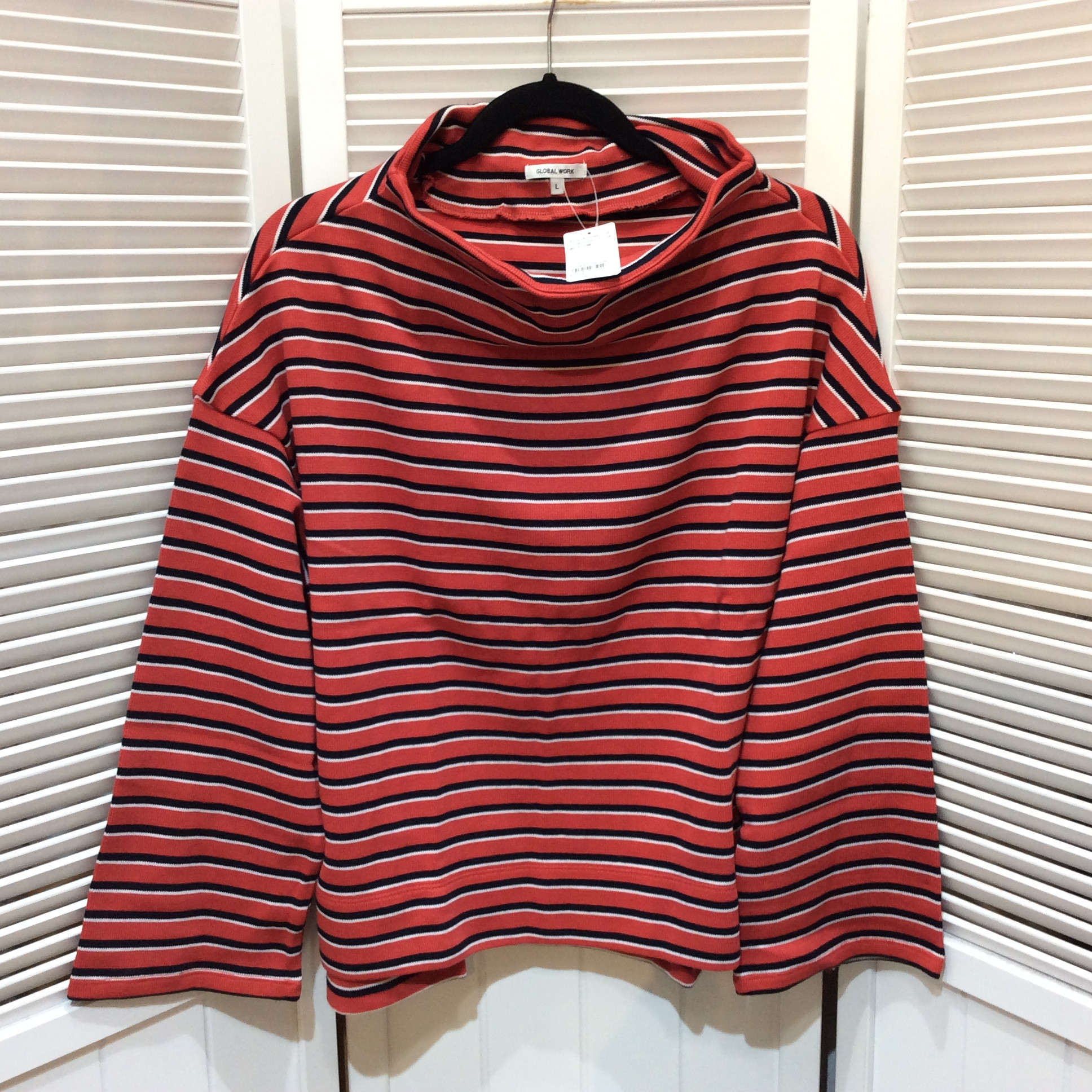 未使用☆グローバルワーク デザインカットソー L レッド系 ボーダー柄