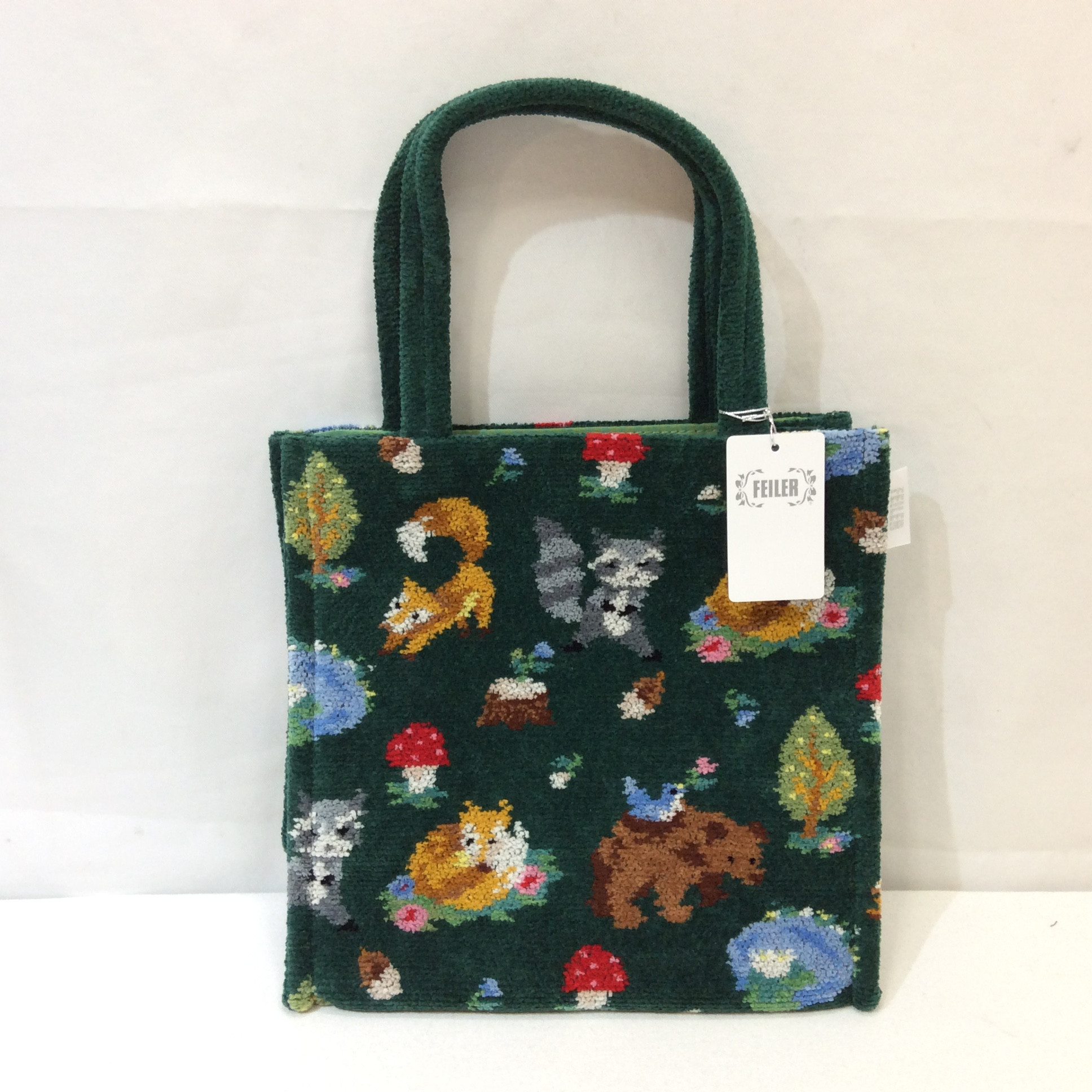 未使用 フェイラー  パイル地 ミニバッグ  ダークグリーン／動物柄