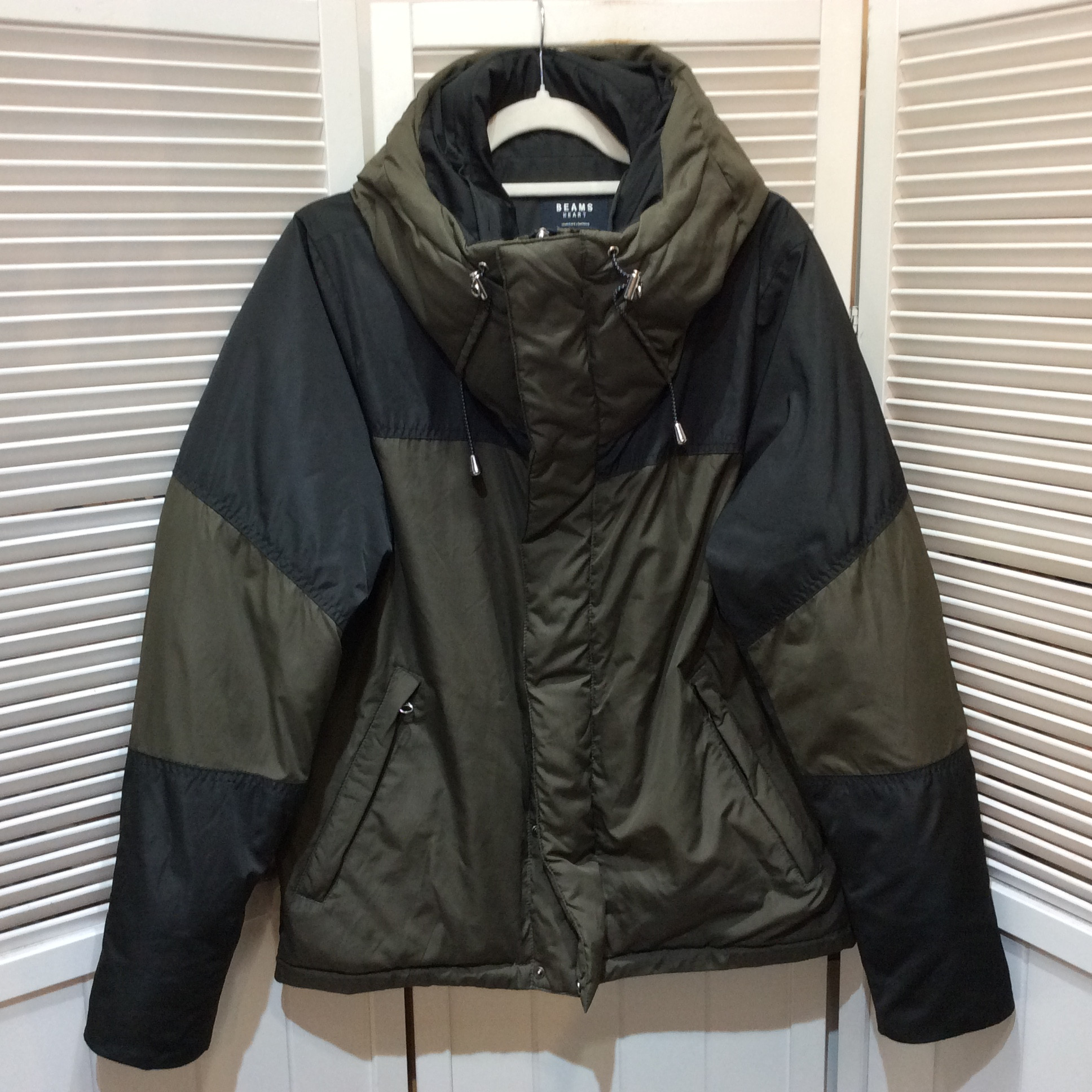 BEAMS ビームス メンズ フード付き中綿ジャケット M カーキ×ブラック