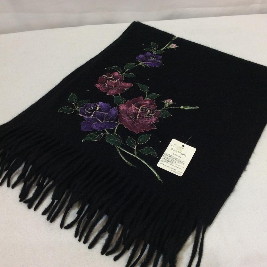 未使用☆カシミヤマフラー ブラック×フラワー刺しゅう ストール
