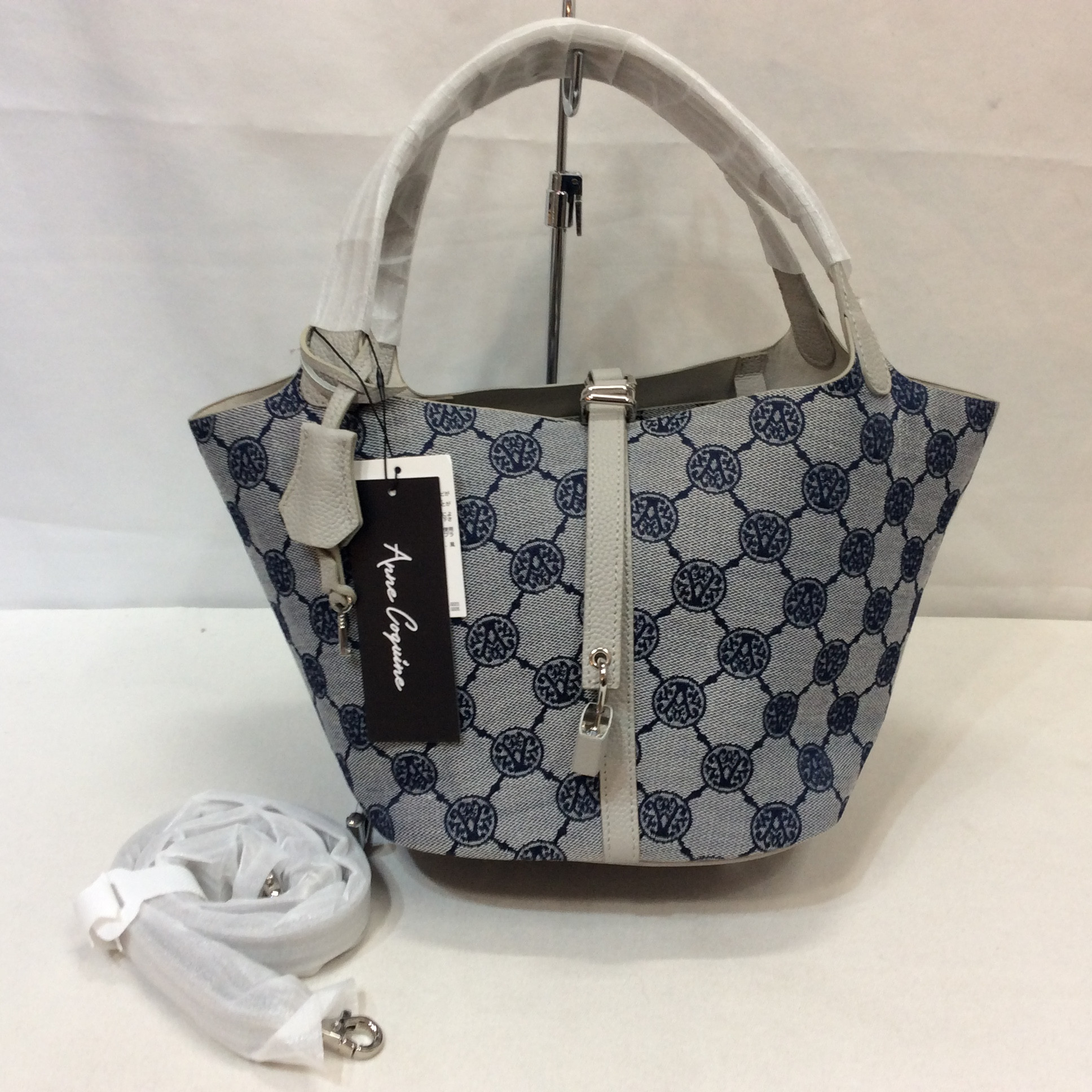 未使用☆Anne Coquine アンコキーヌ 2wayバッグ モノグラム ジャガード バケツ型 鍵付き