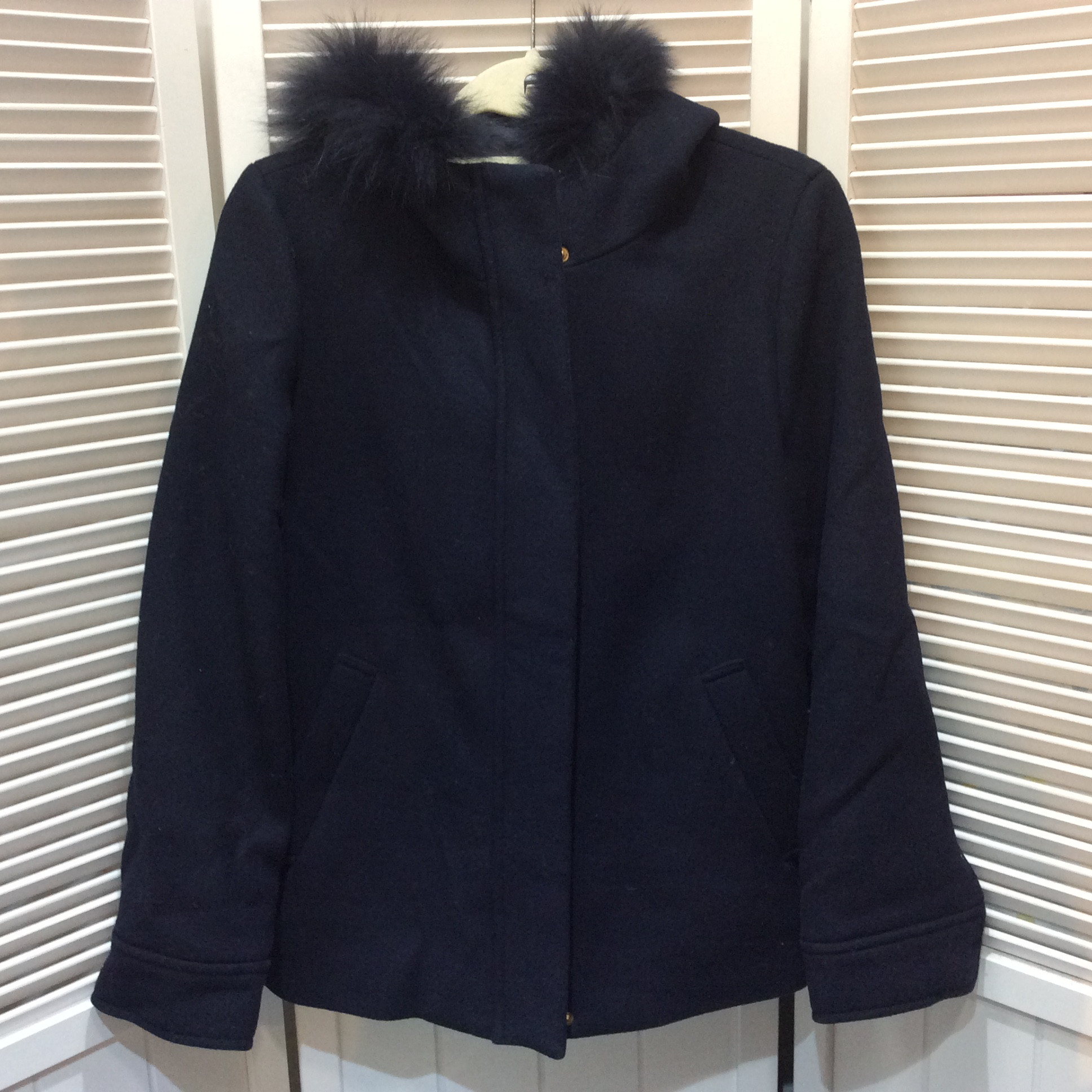 ワールド フォックスファー付き フード付きショートコート ネイビー