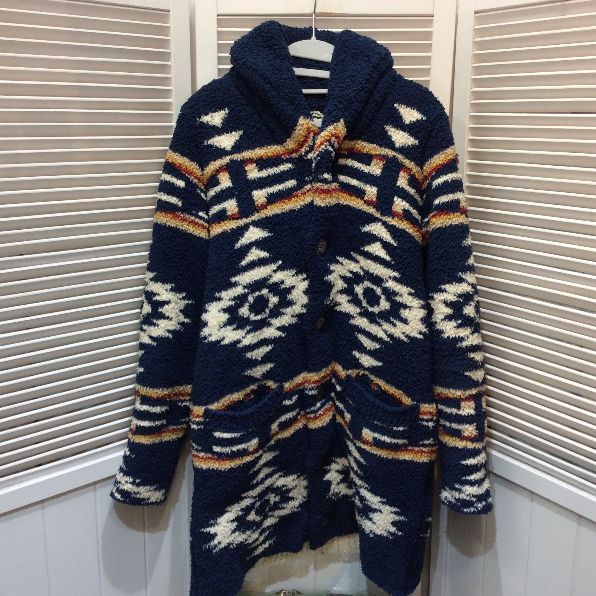 BAYFLOW ベイフロウ ネイティブ柄 ボアロングカーディガン M ブルー柄