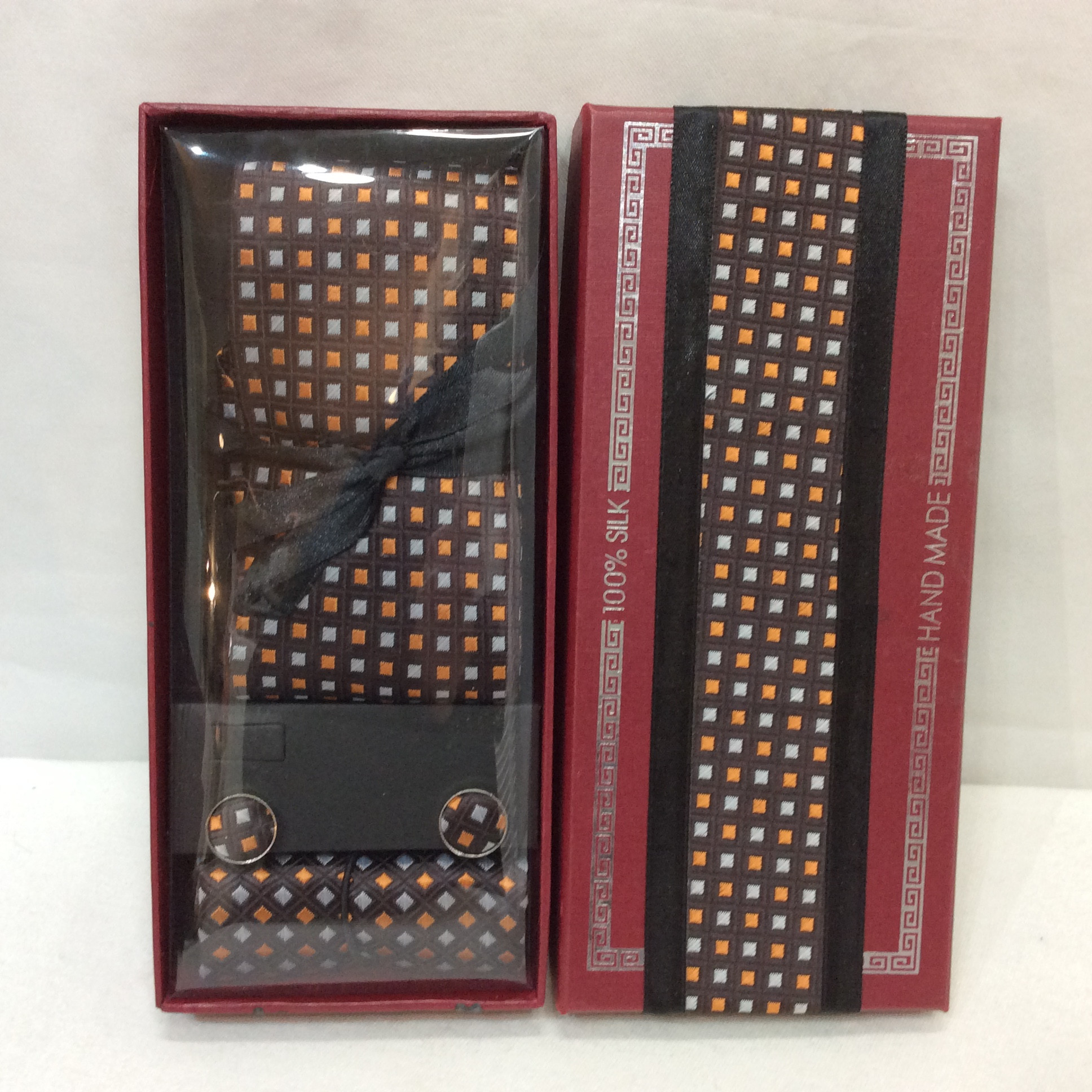 新品☆シルクネクタイ＆チーフ＆カフス３点セット ブラウン×オレンジ