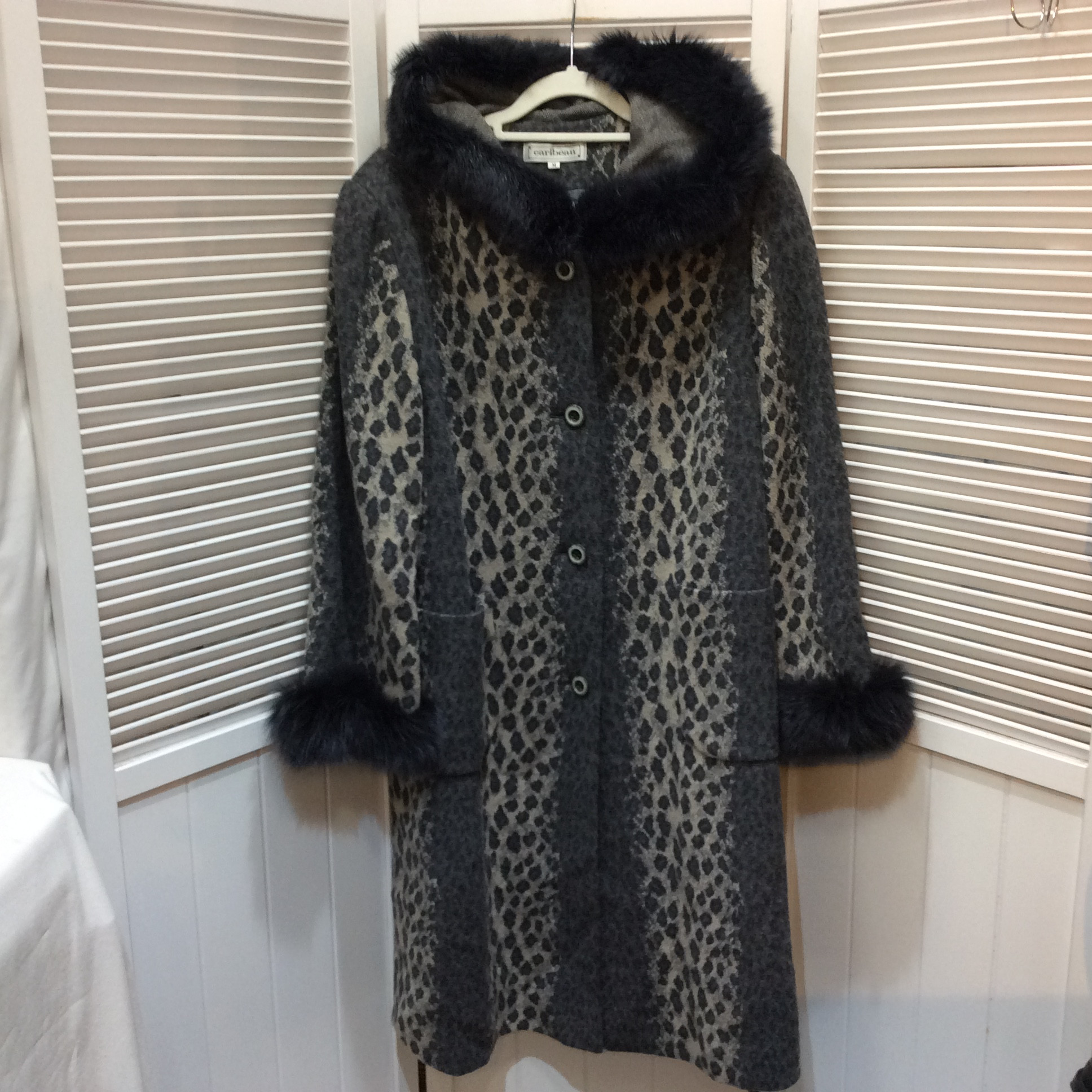 カリビアン FOX付きニットコート M グレーヒョウ柄 日本製